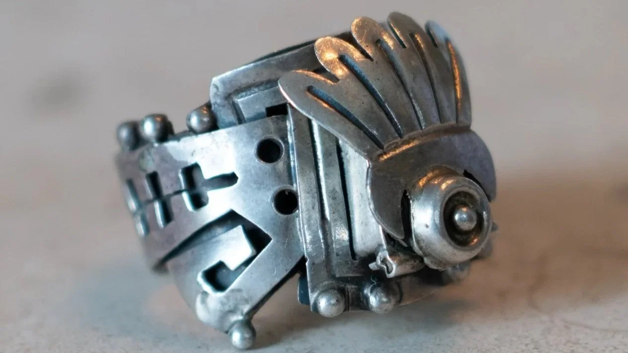 Aztec Poison Ring Vintage Sterling Compartment Adjustable Ring