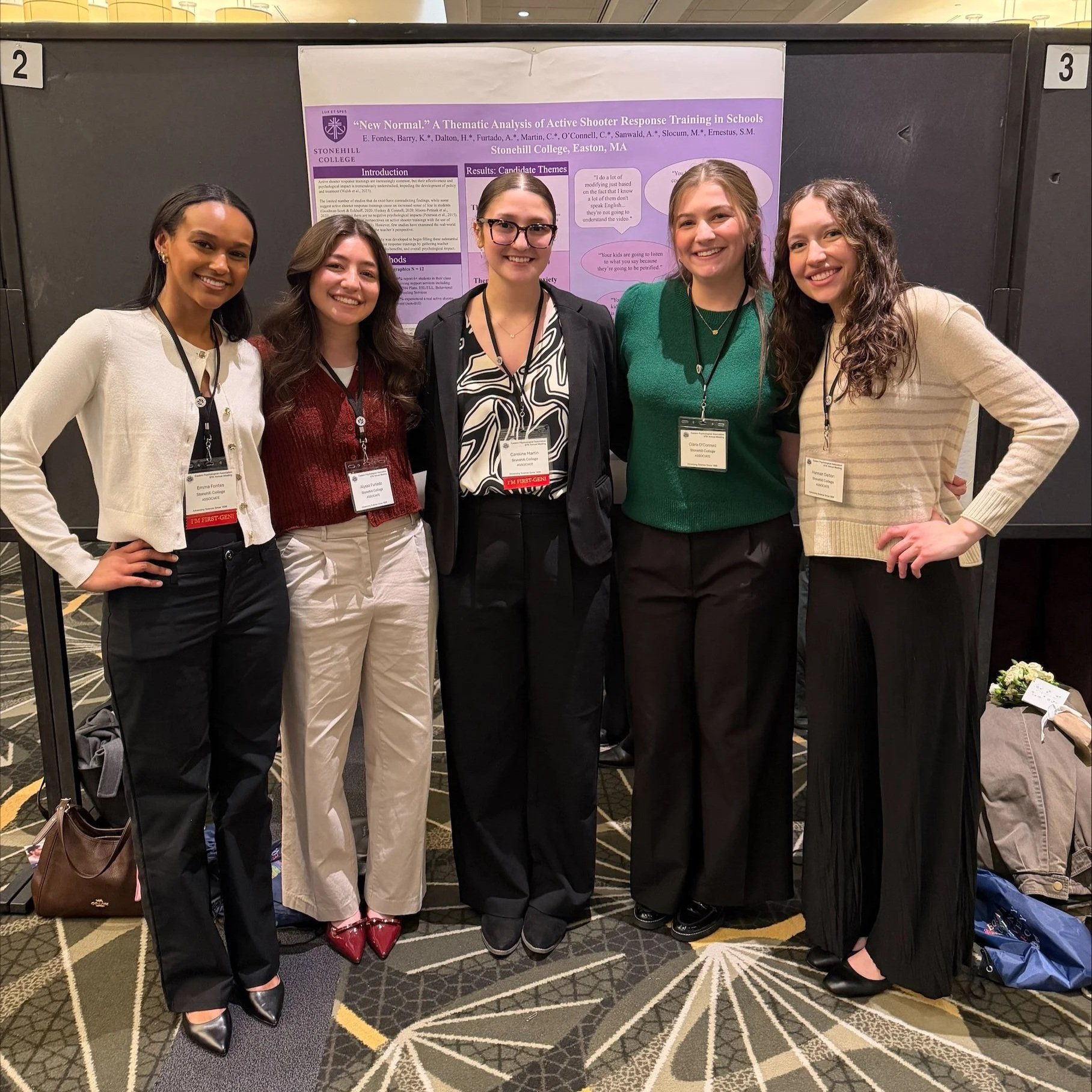 Lab members Emma, Alyssa, Caroline, Ciara, and Hannah (from left, below) presented early results from our qualitative study as a poster at the Eastern Psychological Association’s annual conference in Boston, MA.