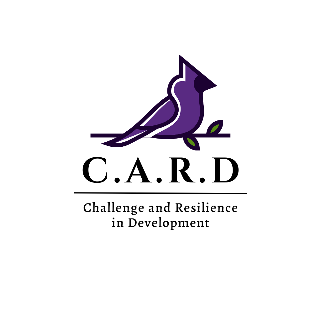 A photo of a purple bird with the lab name "Challenge And Resilience in Development".