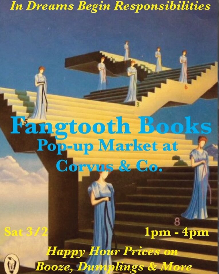 Saturdays at Corvus just leveled up! We&rsquo;re stoked to team up with @fangtooth_books to provide you with only the most excellent reading material to go along with your Happy Hour dumplings and drinks! Fiction, poetry, philosophy, politics, art st