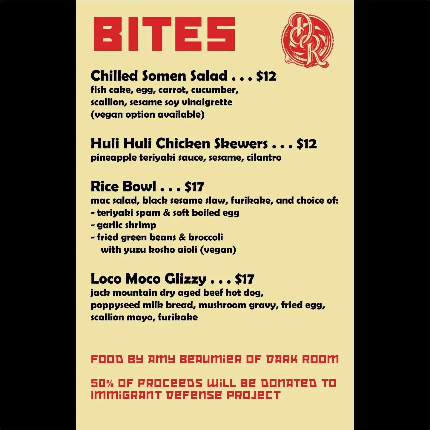 We've got some delicious food and drink in store next Monday 7/28! 7pm to midnight!

@abeaumier has put together a wonderful menu and will be donating 50% of the proceeds from food sales to @immdefense!

We've made some drinks to complement with part
