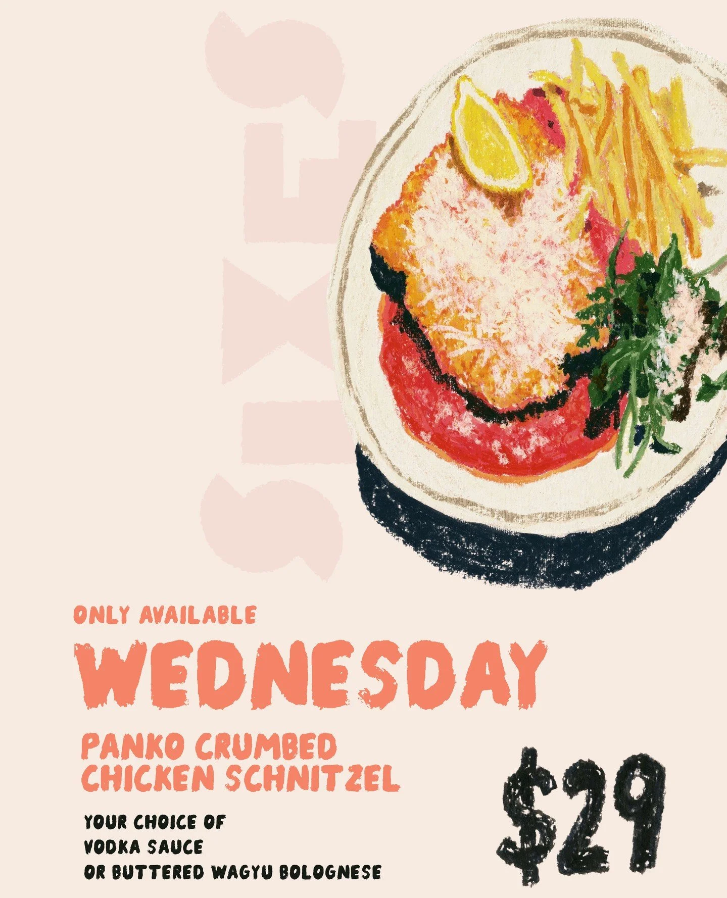 We've got something to discuss about Wednesdays, too.⁠
⁠
Meet our new $29 Panko Crumbed Chicken Schnitzel. A generous, golden, crunchy number served with rocket &amp; parmesan salad, balsamic and fries.⁠
⁠
Then comes the important decision - Vodka Sa