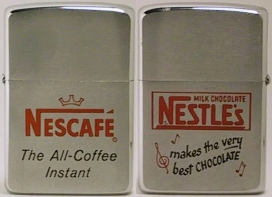 1960 two-sided Zippo for Nescafe "The All-Instant Coffee" on one side, and Very Best Chocolate" on the other. The origins of the company goes back to 1867 and Henri Nestle, the history found HERE 
