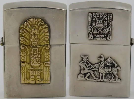 Peru Sterling 925 lighter with 18k gold Raimondi Stela on one side, reverse has small Viracocha on lid and an Indian flutist with llama on bottom