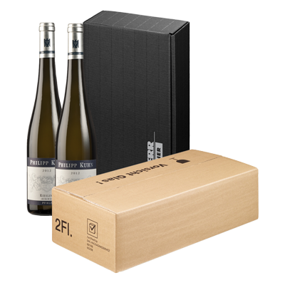 8001: Hier wird Ihr Weinpräsent zunächst in einen hochwertigen Präsentkarton verpackt und danach in einen PTZ-Versandkarton.