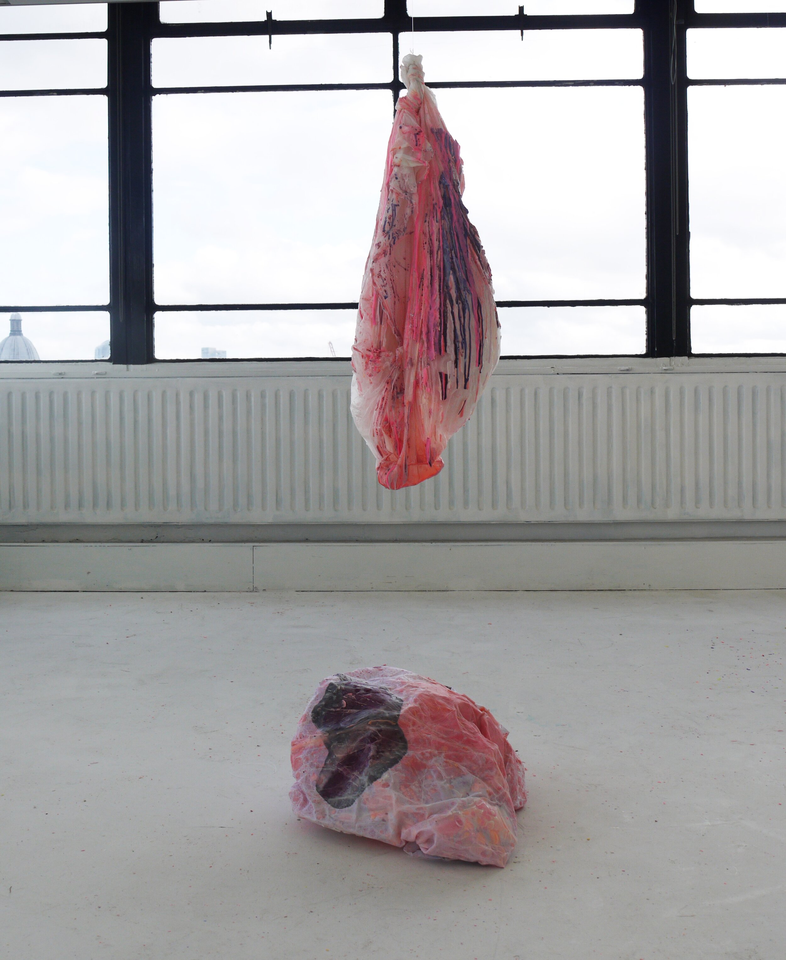  "Bruise" (September 2020) Medium: wax, fabric, recycled plastic, acrylic paint, ink, pigment  Size: 110cm x 250cm x 50cm 