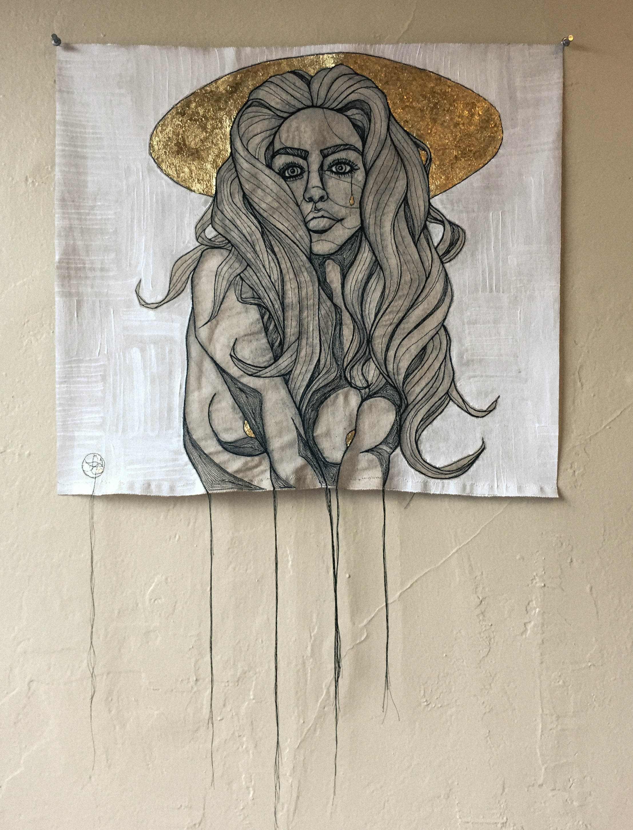 PRÉVALOIR - COTTON THREAD, RAW DENIM, GOLD LEAF, ACRYLIC