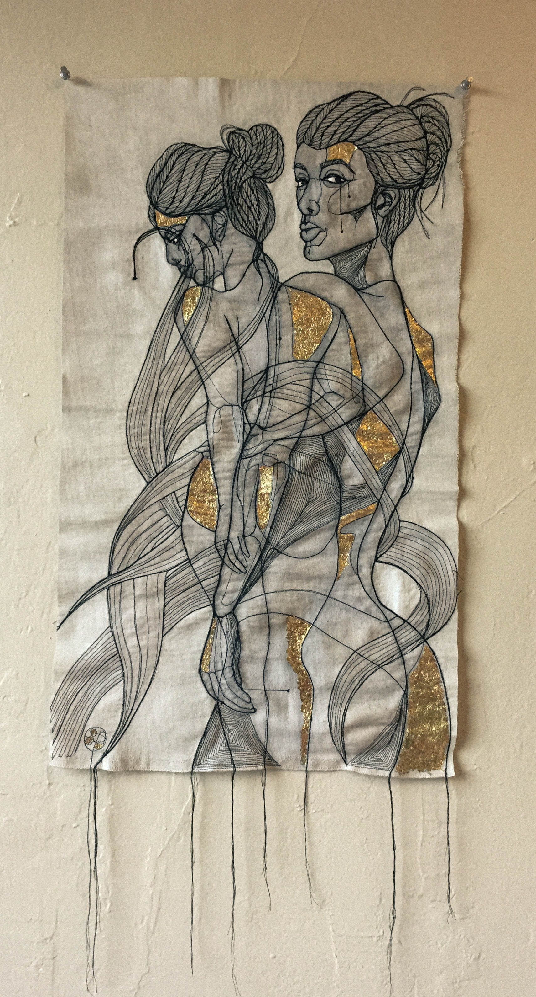WHAT A FUCKING CURSE... - COTTON THREAD, RAW DENIM, GOLD LEAF, ACRYLIC