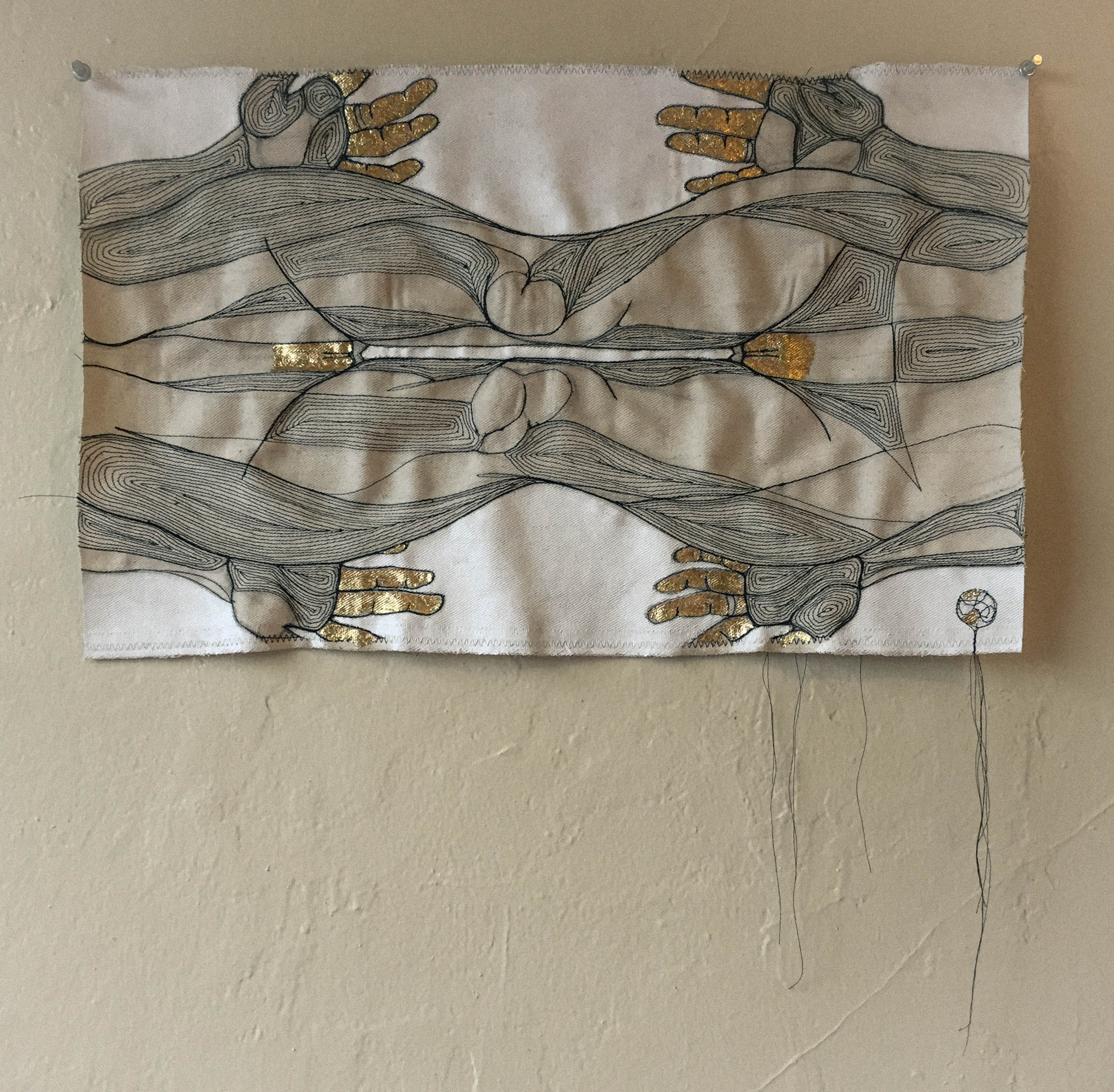 NE ME QUITTE PAS - COTTON THREAD, RAW DENIM, GOLD LEAF, ACRYLIC