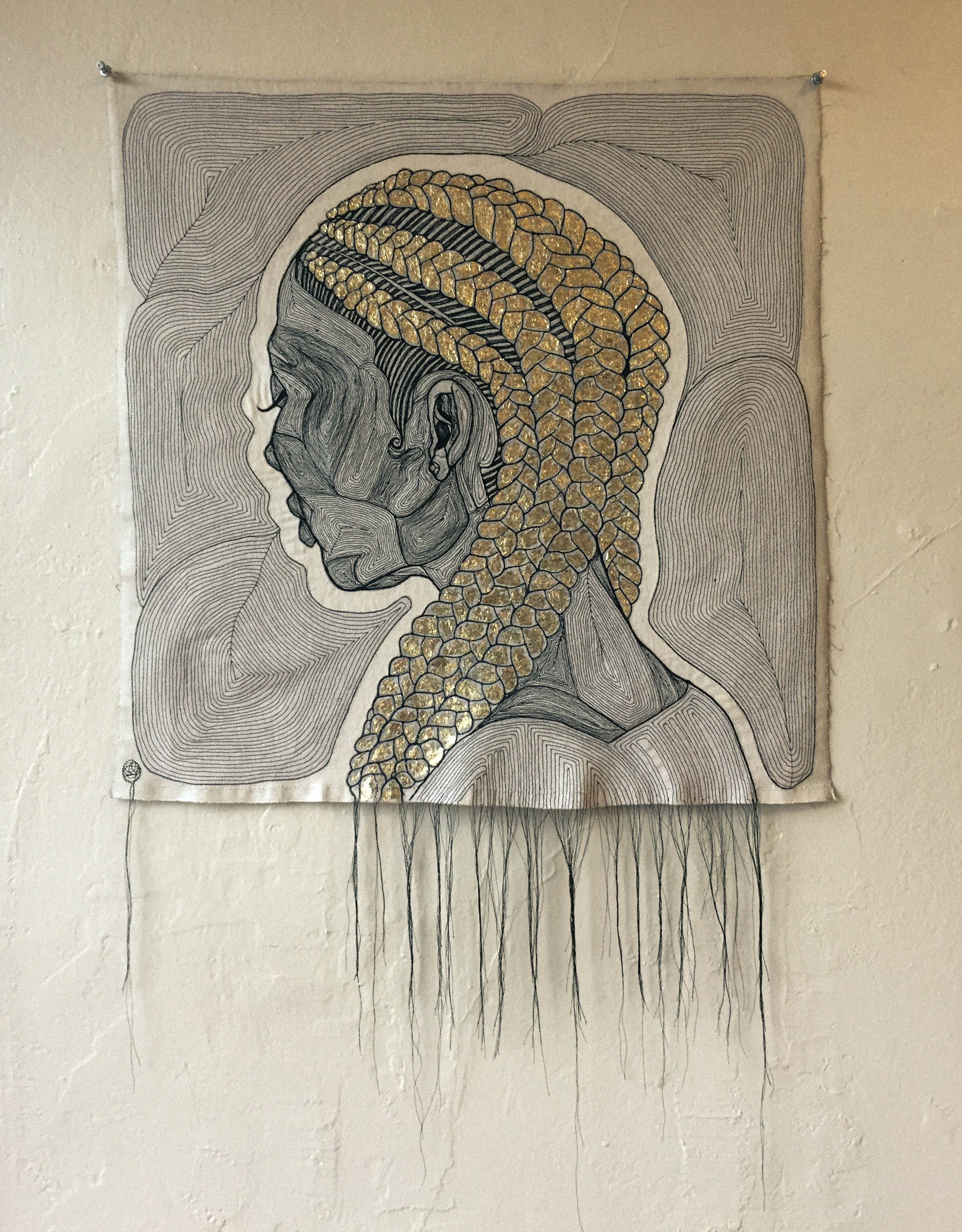 YOUR PRIME - COTTON THREAD, RAW DENIM, GOLD LEAF, ACRYLIC 58 x 58 cm