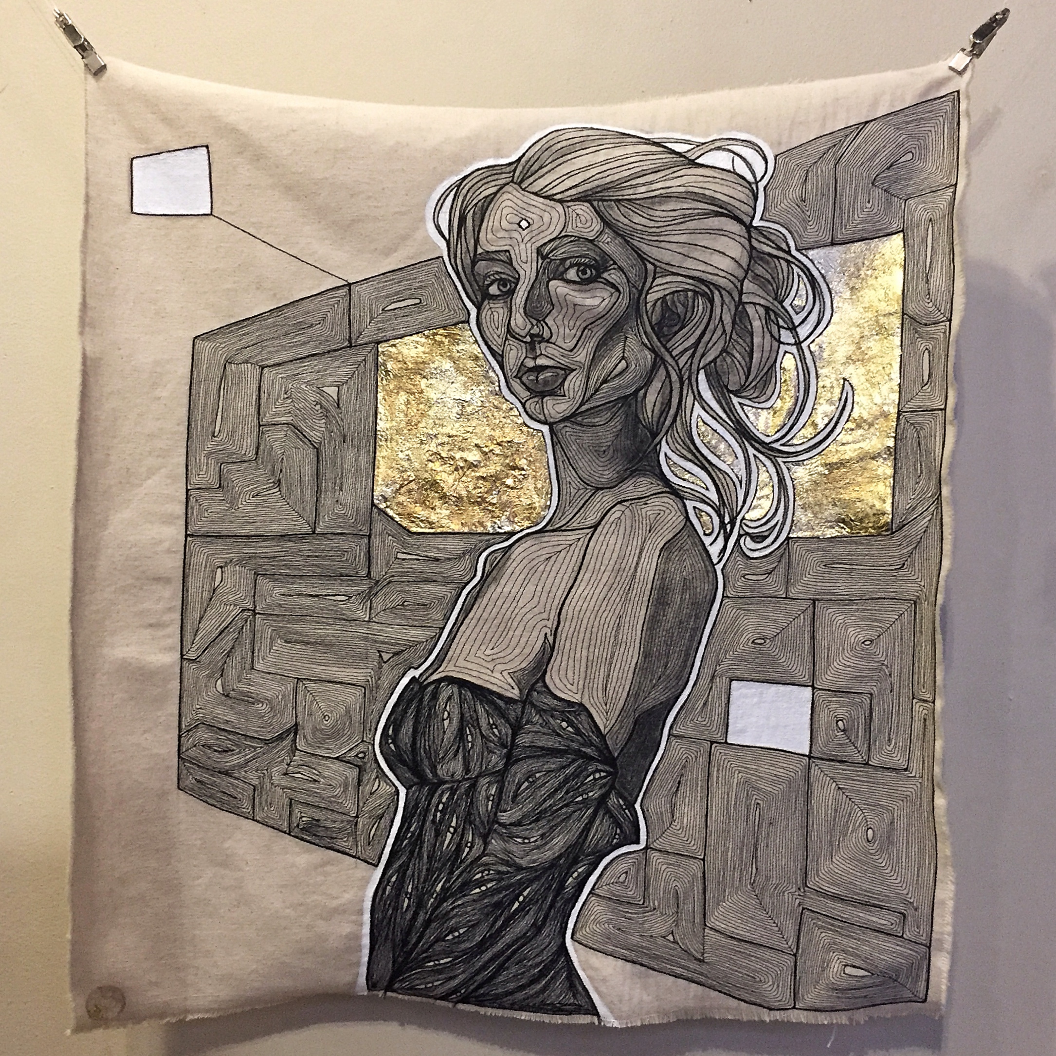 HER - COTTON THREAD, RAW DENIM, 22K GOLD LEAF, ACRYLIC 56 x 60 cm