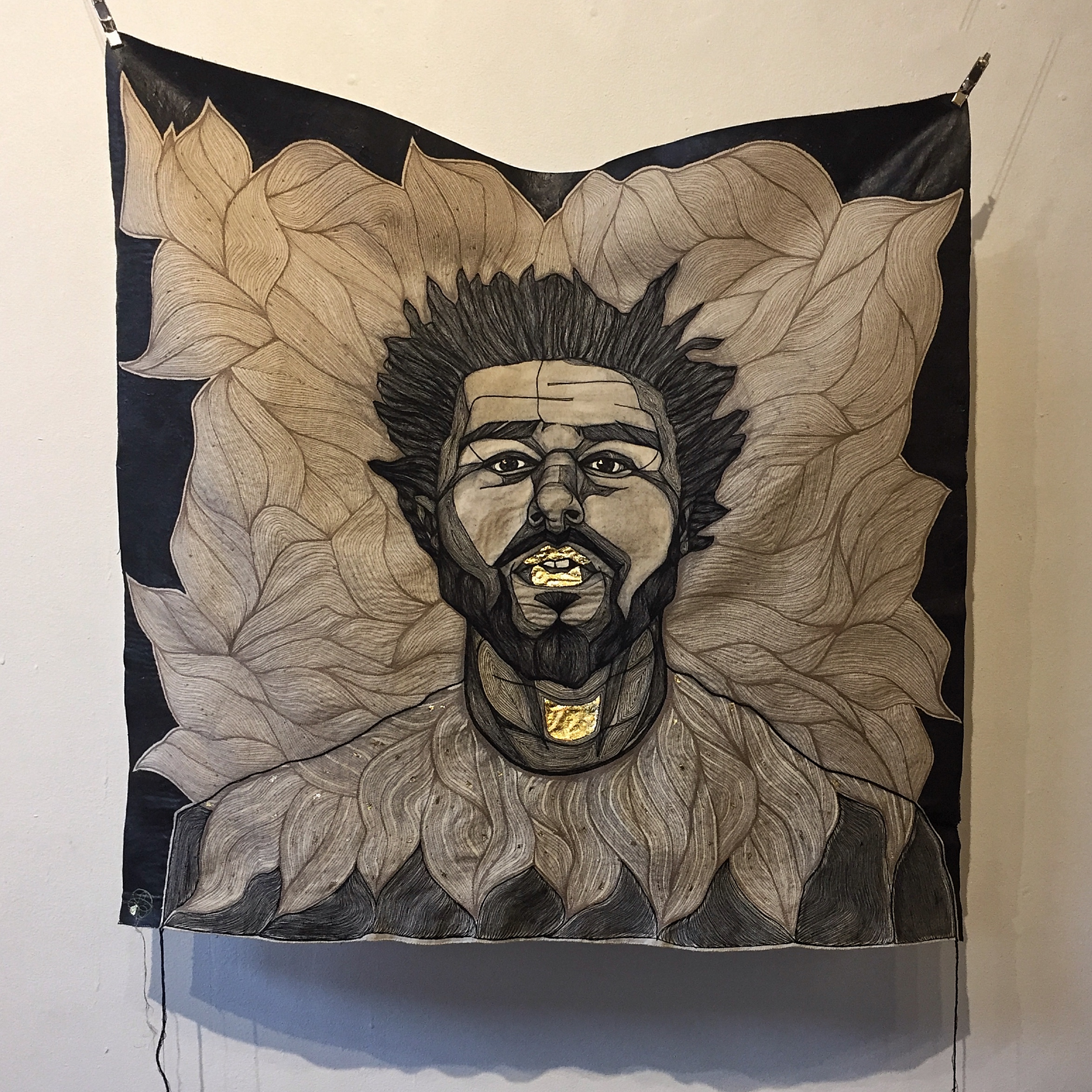I NEVER FELT SO ALIVE - COTTON THREAD, RAW DENIM, 22K GOLD LEAF, ACRYLIC 76 x 74 cm