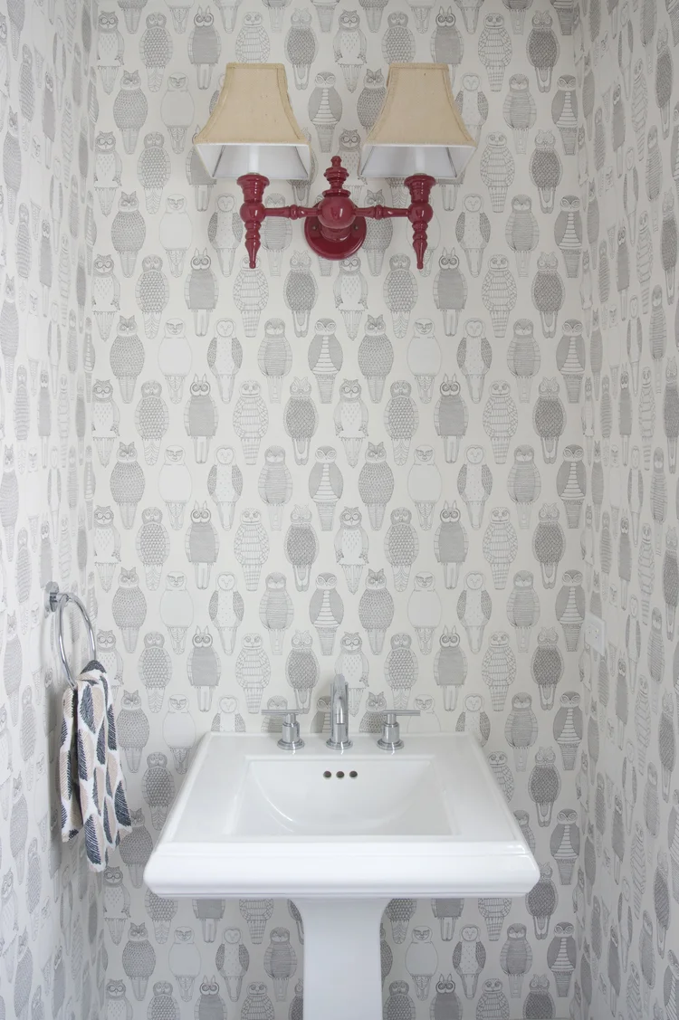 A bathroom in Chicago designed by NM Design House featuring Owls of the British Isles.
