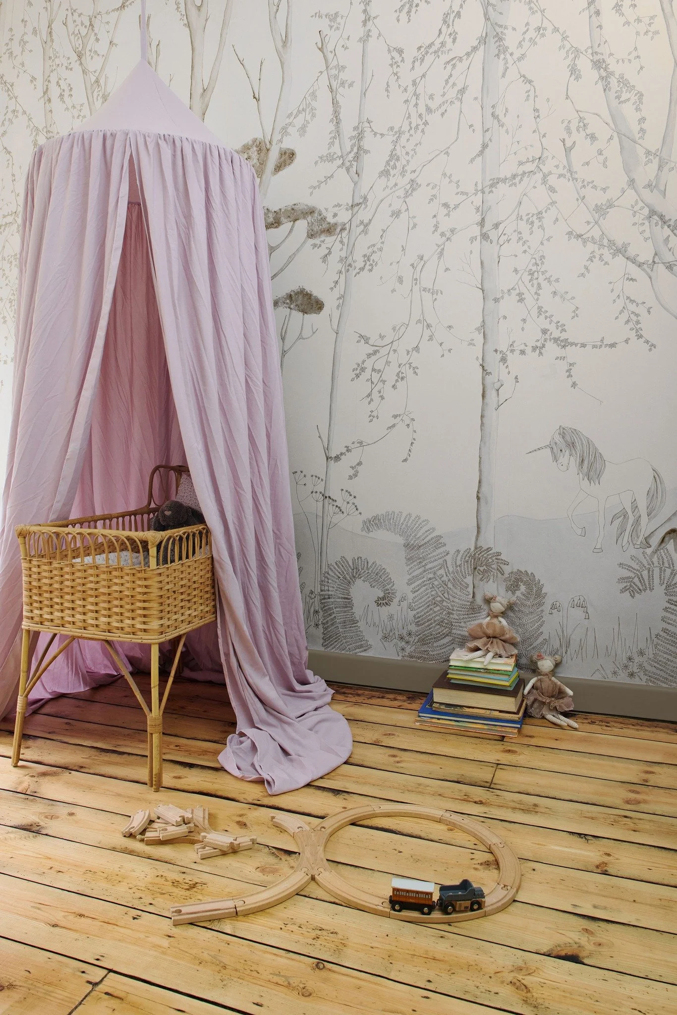 Children see magic in the smallest things. A story waiting to unfold can turn an ordinary bedroom into a place of quiet adventure.  Legend Wallpaper is drawn in pencil, pen and watercolour and brings gentle pattern, soft colour &amp; wonder to their 
