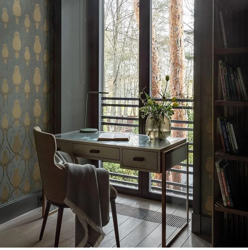 Gold Owl Wallpaper in a luxurious home office with desk in the window overlooking a park