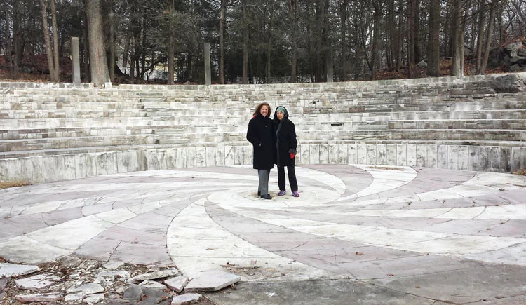 Josie Merck on the right, and Amy Wilfert, senior partner of the Day Pitney law firm in Greenwich assisting Merck with the legalities involved in the removal and relocation of the O’Neil amphitheater to Sarah Lawrence College. The stage is to be reused by the new Lia Fail property owners. Photo credit: Greenwich Sentinel 