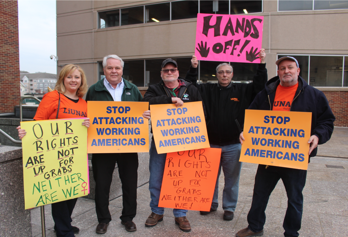 " protesters" outside Superior Court, wearing "LIUNA" shirts 
