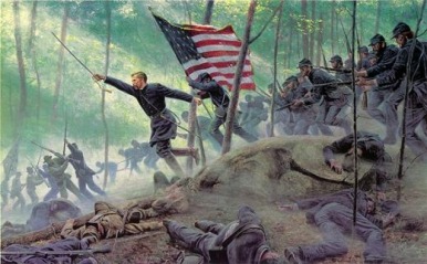 Joshua Chamberlain (20th Maine) charging at little round top