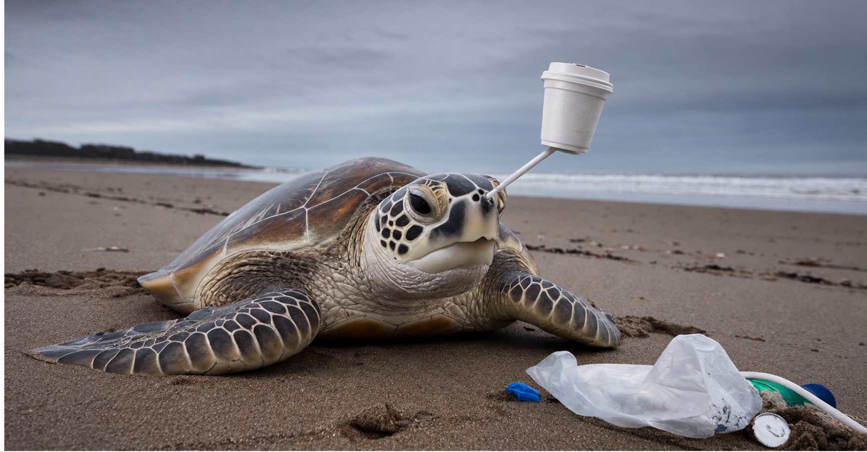 Sea Turtle Balances a Cup by the Shore.png