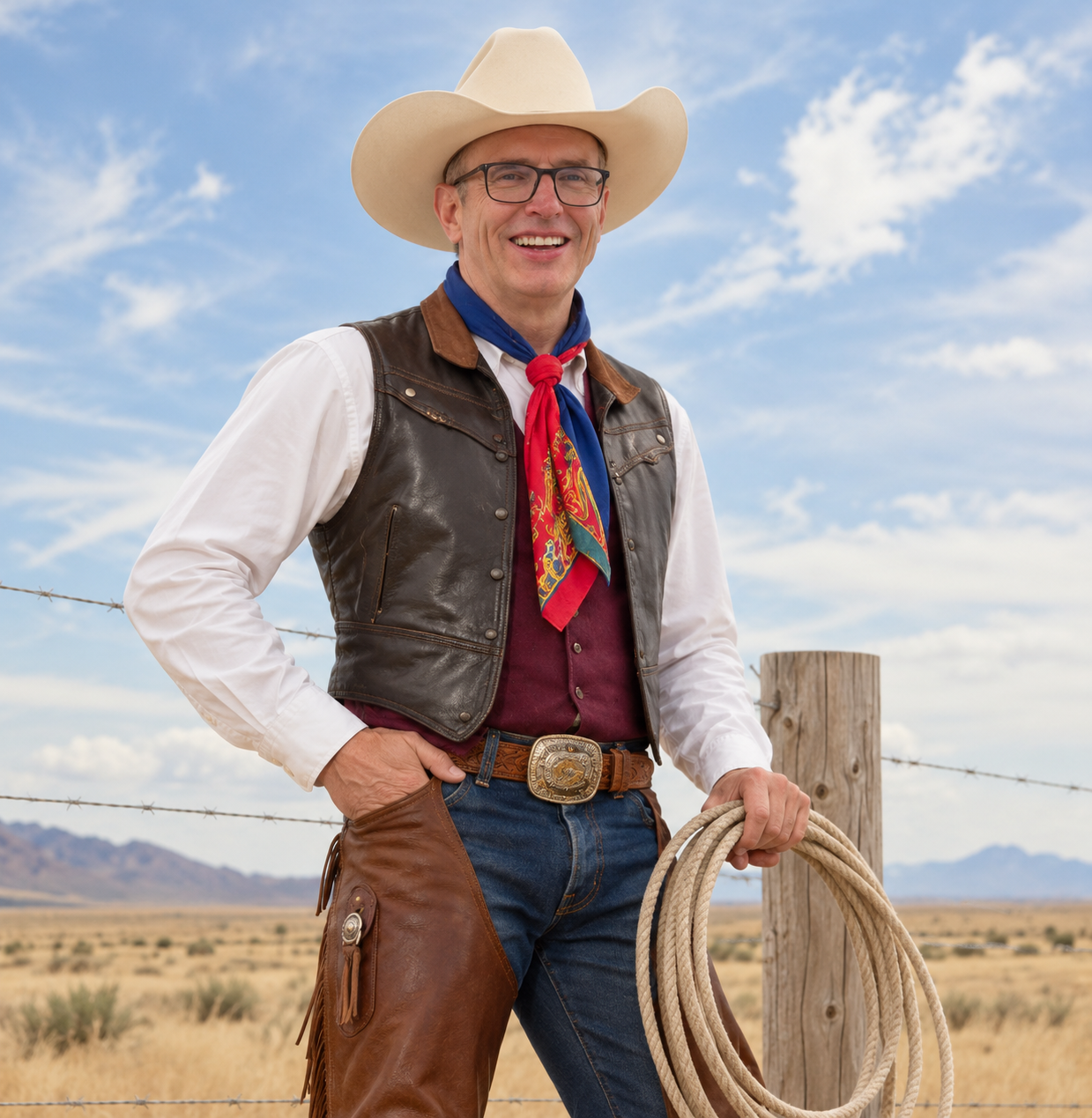 Smiling Cowboy at the Ranch Fence.png