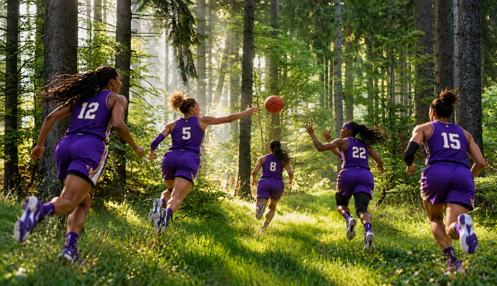 Purple Team Sprint Through Sunlit Forest.png