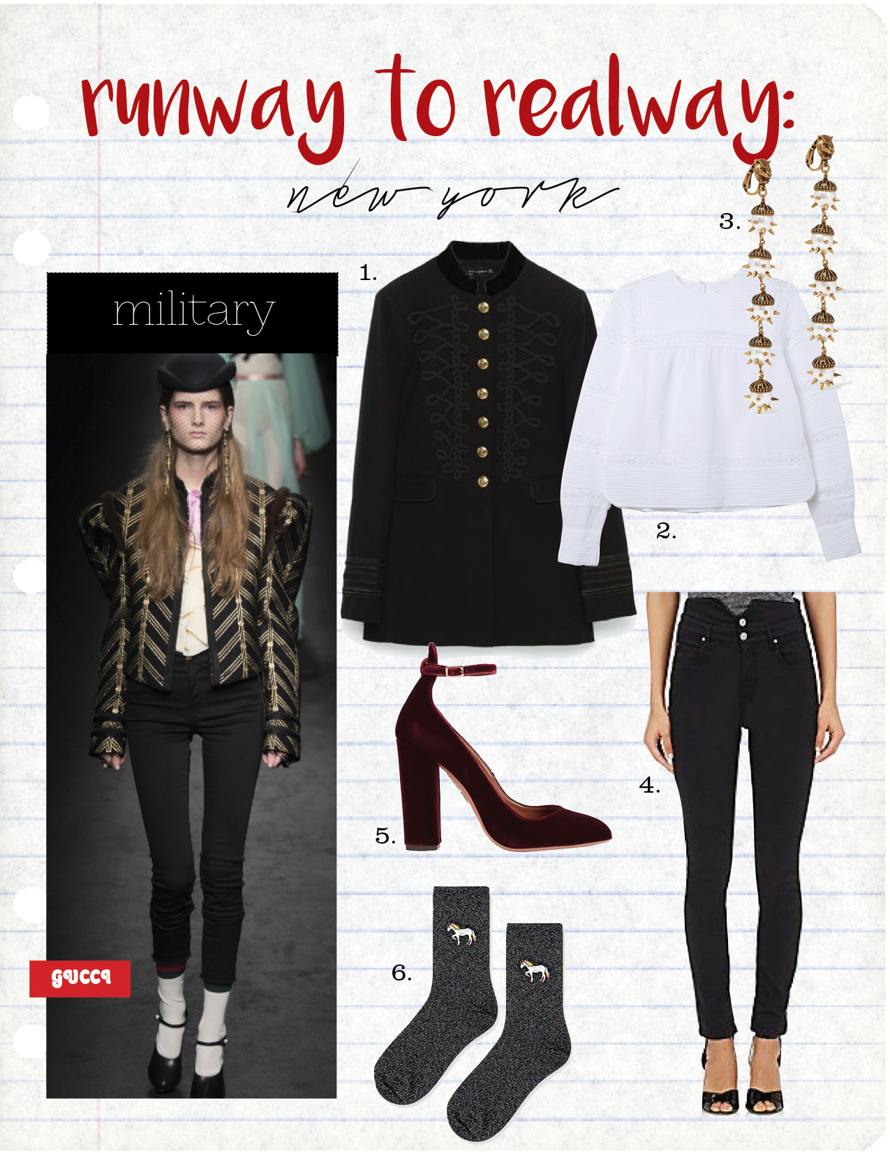 1. Zara Jacket, $169, zara.com 2. Isabel Marant top, $355, shopsuperstreet.com 3. Gucci earring, $820, net-a-porter.com 4. Isabel Marant High-Waist Jean, $270, Barneys.com 5. Aquazzura Velvet Pump, $725, intermixonline.com 6. Top Shop Glitter Unicorn Socks, $6, topshop.com