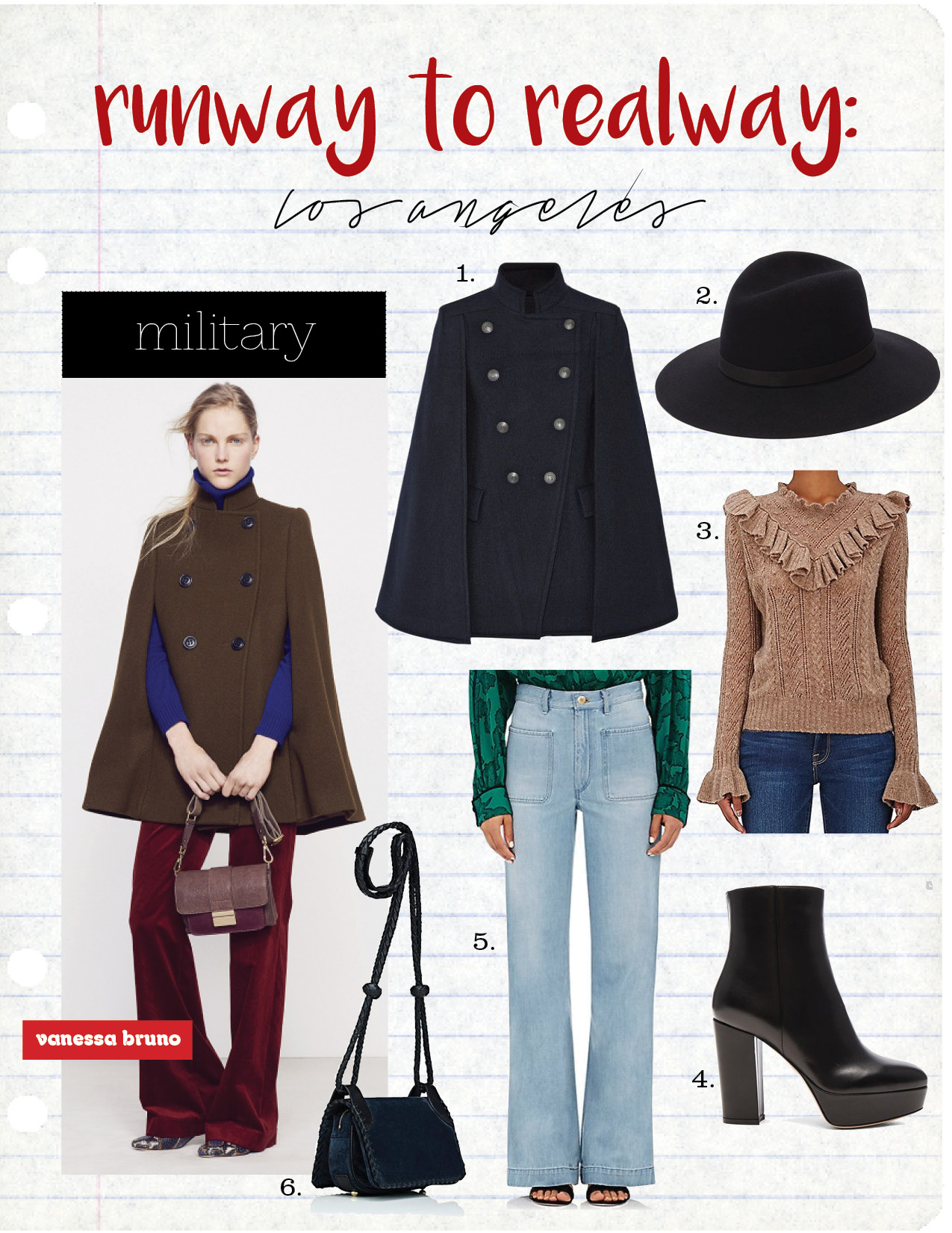 1. Balmain Cape, $1480, net-a-porter.com 2. Janessa Leoné Hat, $188, janessaleone.com 3. Ulla Johnson Sweater, $460, shopbop.com 4. Gianvito Rossi Boot, $1075, fwrd.com 5. Maison Mayle Flared Jeans, $395, barneys.com 6. Maison Mayle Shoulder Bag, $685, barneys.com