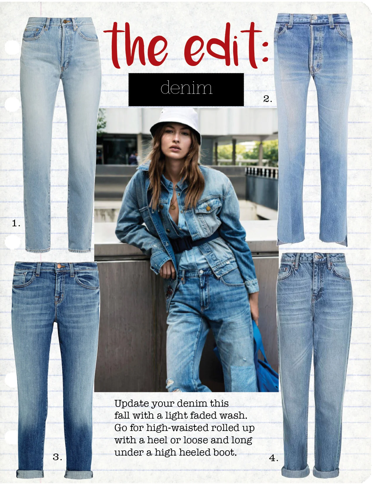 1. Saint Laurent High-Rise Straight-Leg Jeans, $750, net-a-porter.com 2. Vetements reworked High-rise slim-leg jeans, $1460, net-a-porter.com 3. J Brand Cropped mid rise slim leg jeans, $240, net-a-porter.com 4. Top Shop high waist boyfriends jeans, $80, topshop.com