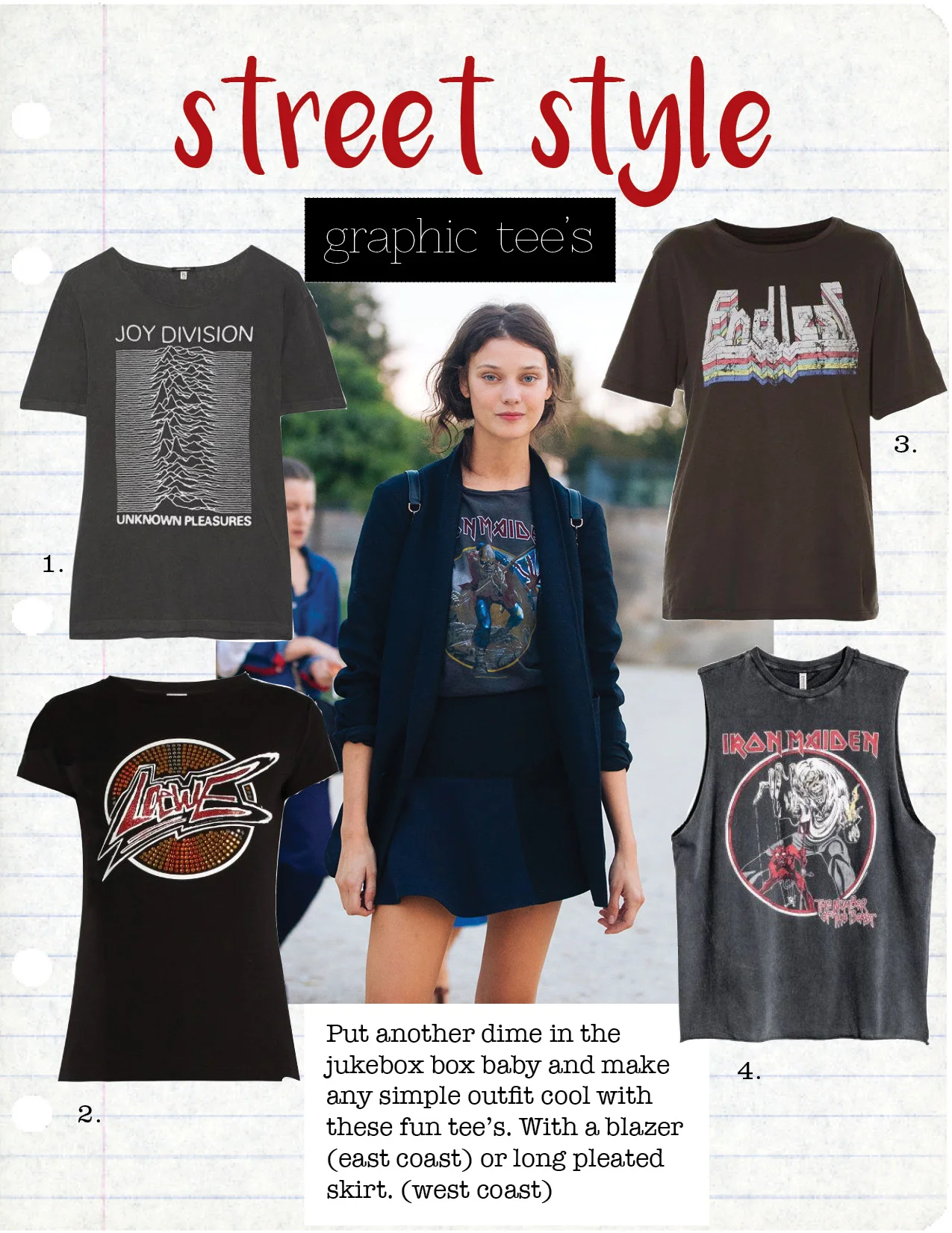 1. R13 Joy Division T-Shirt, $225, Barneys.com 2. LOEWE LOGO PRINT T-SHIRT, $325, matchesfashion.com 3. ISABEL MARANT éTOILE ENDLESS T-Shirt, $105, matchesfashion.com 4. H&M IRON MAIDEN Tank TOp, $17, hm.com