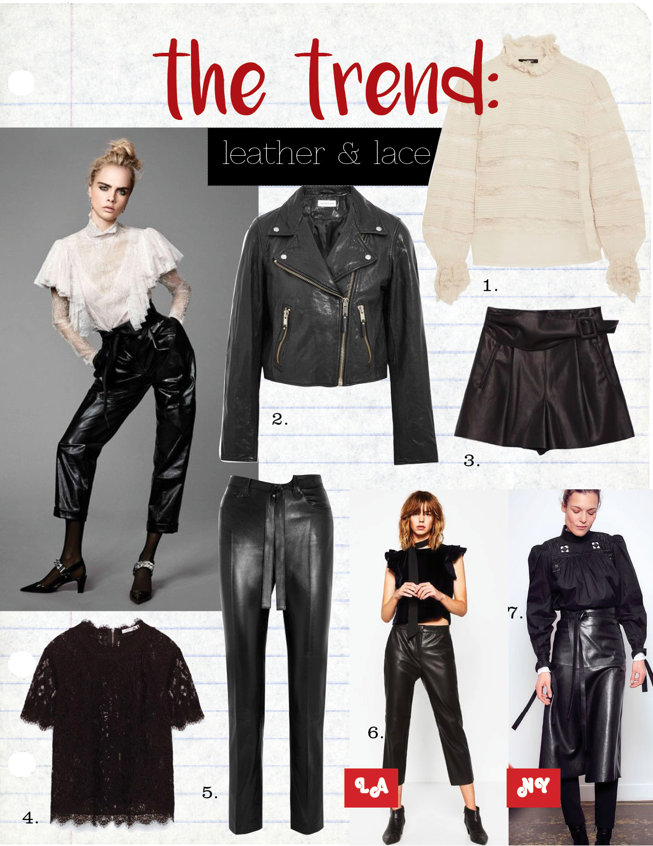 1. Isabel Marant Lace Blouse, $1190, net-a-porter.com 2. Etoile isabel marant biker jacket, $960, net-a-porter.com 3. Zara Faux Leather Shorts, $29, zara.com 4. Zara Lace T-Shirt, $25, zara.com 5. topshop unique leather slim-leg pants, $650, net-a-porter 6. Zara Faux Leather Trousers, $39, zara.com 7. Top: Isabel Marant Embroidered top, $480, matchesfashion.com Skirt: Isabel Marant Leather Wrap Skirt, $1705, barneys.com