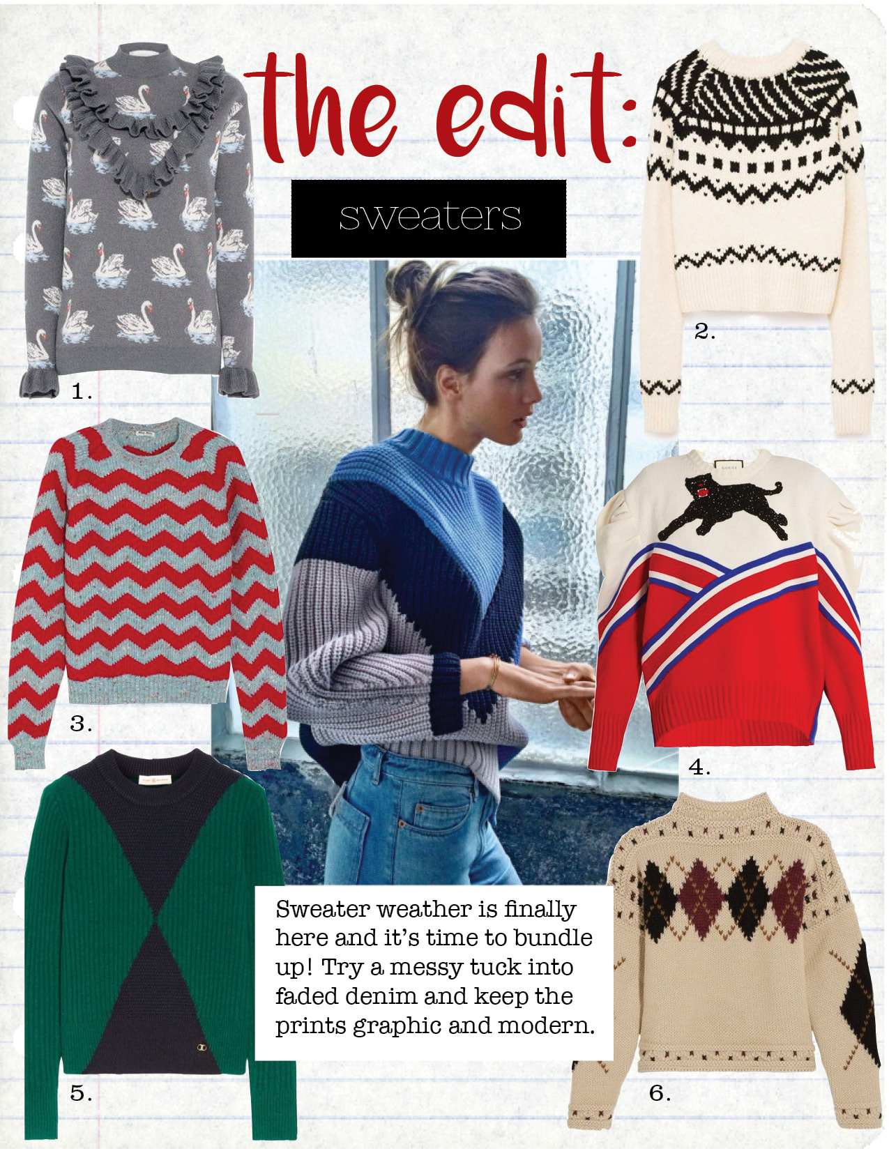 1. STELLA MCCARTNEY SWAN JACQUARD MOCK TURTLENECK JUMPER, $945, STELLAMCCARTNEY.COM 2. ZARA CROPPED JACQUARD SWEATER, $49, ZARA.COM 3. MIU MIU INTARSIA WOOL, ALPACA AND SILK-BLEND SWEATER, $835, NET-A-PORTER.COM 4. GUCCI PANTHER-APPLIQUE PLEATED-SHOULDER WOOL SWEATER, $3,081, MATCHESFASHION.COM 5. TORY BURCH POPPY RIBBED INTARSIA WOOL-BLEND SWEATER, $375, NET-A-PORTER.COM 6. ISABEL MARANT GLENS ARGYLE INTARSIA WOOL AND ALPACA-BLEND SWEATER, $935, NET-A-PORTER.COM