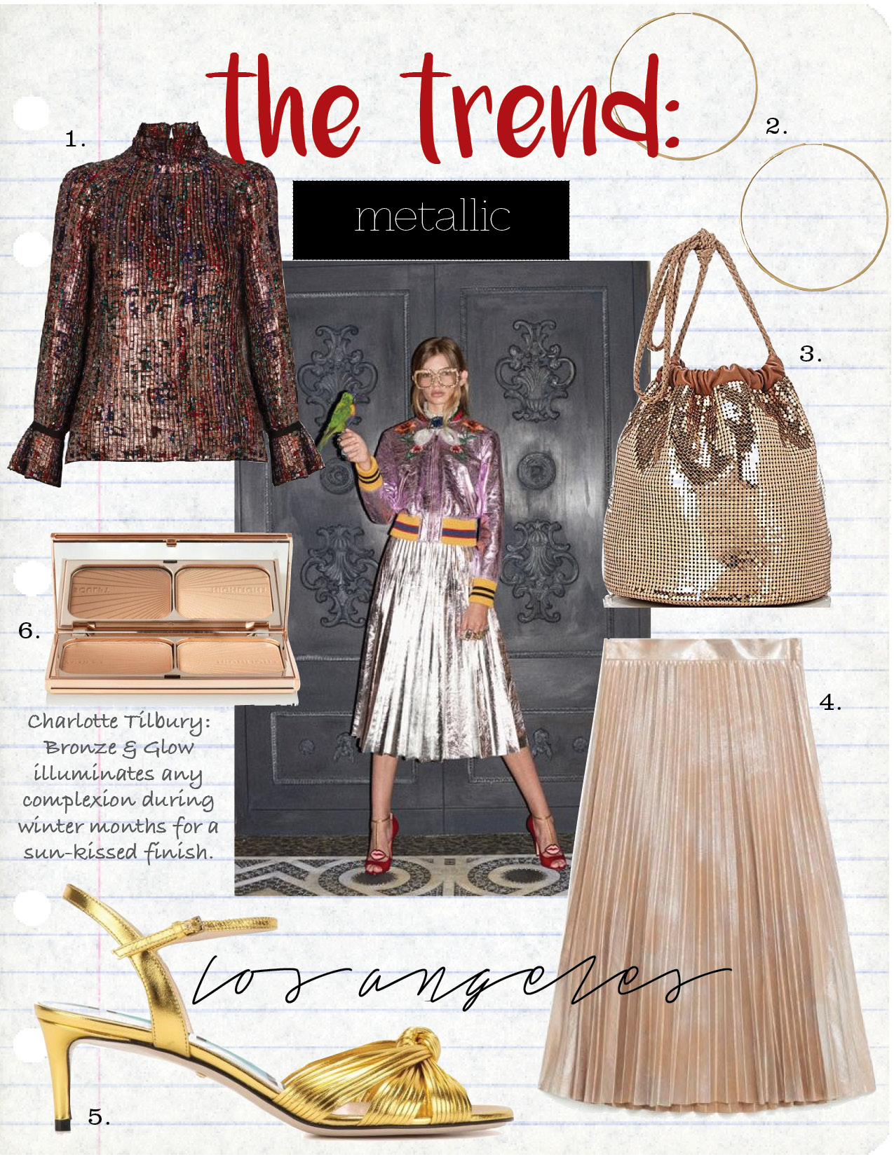 1. VANESSA BRUNO FLORENCE FLORAL-PRINT PLEATED BLOUSE, $701, MATCHESFASHION.COM 2. MAGDA BUTRYM GOLD LARGE HOOP EARRINGS, $558, FWRD.COM 3. PACO RABANNE SAC MESH BUCKET BAG, $1090, BARNEYS.COM 4. ZARA METALLIC FINE PLEATED SKIRT, $69, ZARA.COM 5. GUCCI LEATHER SANDALS, $390, MYTHERESA.COM 6. CHARLOTTE TILBURY FILMSTAR BRONZE & GLOW, $68, NET-A-PORTER.COM
