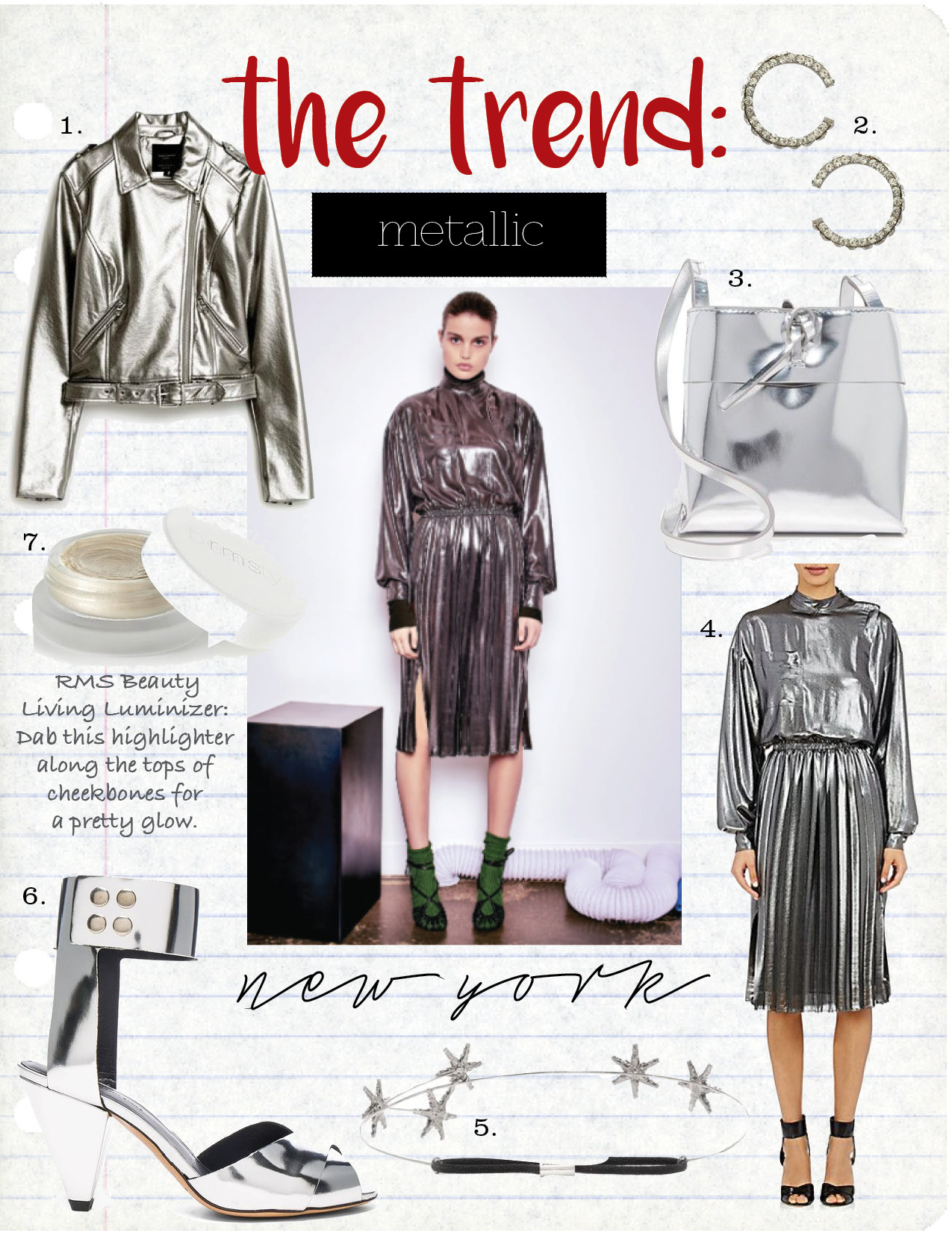1. ZARA METALLIC BIKER JACKET, $69, ZARA.COM 2. MAGDA BUTRYM SMALL ZIRCONIA EARRINGS, $239, FWRD.COM 3. KARA MIRRORED NANO TIE CROSS BODY BAG, $415, SHOPBOP.COM 4. ISABEL MARANT ETOILE LAME MAE DRESS, $389, BARNEYS.COM 5. JENNIFER BEHR VENUS CRYSTAL HEADBAND, $298, SAKSFIFTHAVENUE.COM 6. ISABEL MARANT ETOILE MEEGAN METALLIC LEATHER HEELS, $294, net-a-porter 7. RMS BEAUTY LIVING LUMINIZER, $38, NET-A-PORTER.COM