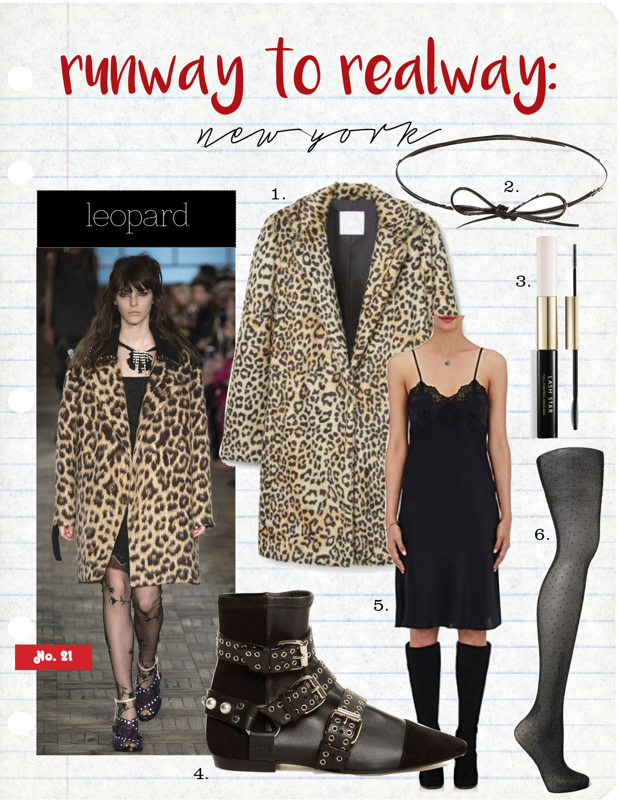 1. MANGO LEOPARD FAUX FUR COAT, $129, SHOPMANGO.COM 2. ELIZABETH AND JAMES GOLD-PLATED LEATHER NECKLACE, $65, NET-A-PORTER.COM 3. LASH STAR BEAUTY FULL CONTROL LASH SCULPTING MASCARA, $35, LASHSTARBEAUTY.COM 4. ISABEL MARANT ROLLING LEATHER AND SUEDE ANKLE BOOTS, $748, MATCHESFASHION.COM 5. MAISON MAYLE LACE-TRIMMED SATIN SLIP DRESS, $395, BARNEYS.COM 6. WOLDFORD NOLA POLKA- DOT TIGHTS, $46, NET-A-PORTER.COM