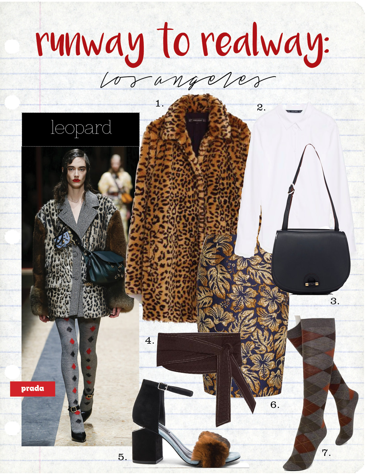 1. ZARA LEOPARD FAUX FUR COAT, $129, ZARA.COM 2. ZARA BASIC POPLIN SHIRT, $29, ZARA.COM 3. TRADEMARK LARGE SADDLE BAG, $895, BARNEYS.COM 4. CECILIE COPENHAGEN SOPHIA WRAP WAIST COTTON BELT, $86, MATCHESFASHION.COM 5. ALEXANDER WANG SUEDE AND FUR ABBY HEELS, $595, FWRD.COM 6. PRADA METALLIC FLORAL-JACQUARD PENCIL SKIRT, $1400, NET-A-PORTER.COM 7. HUE ARGYLE KNEE SOCKS, $8, HUE.COM