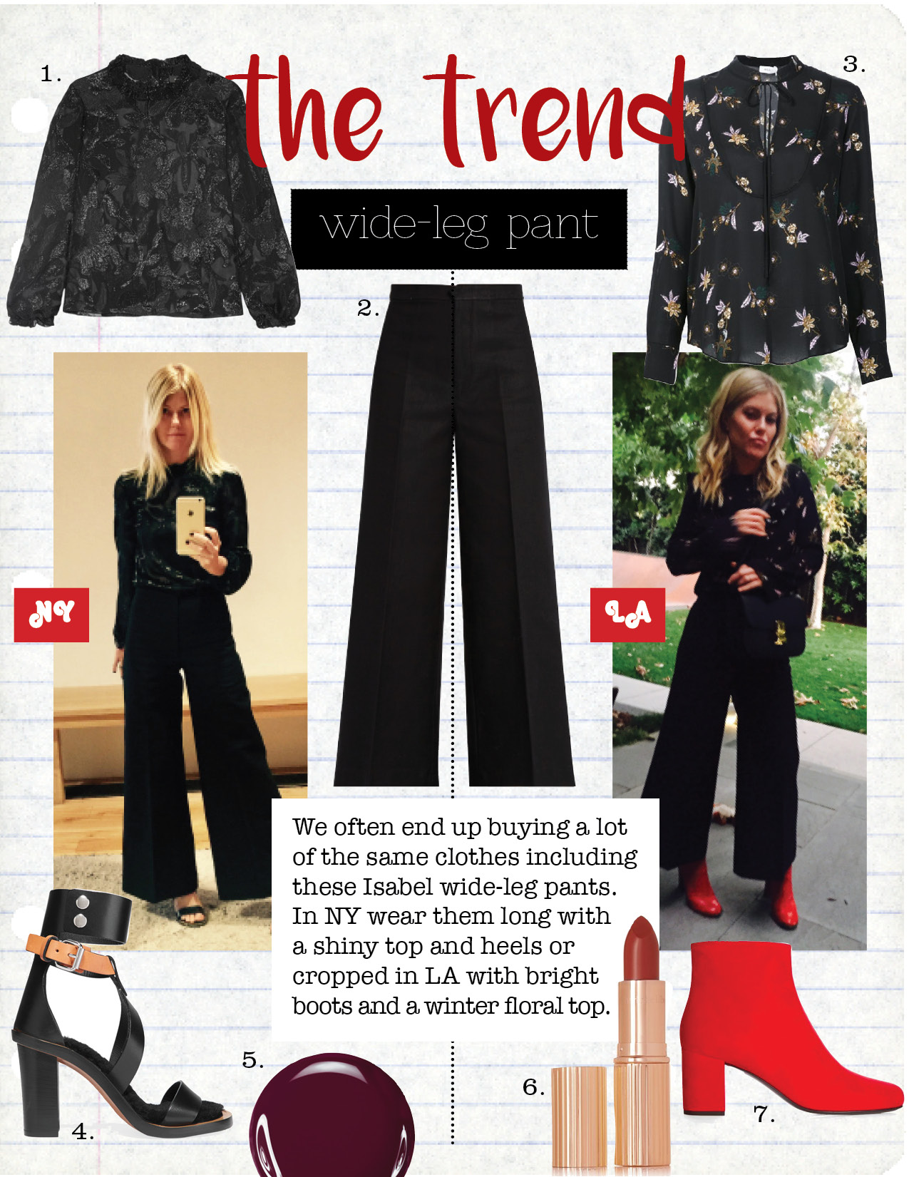 1. isabel Marant udell ruffle-trimmed fil coupe top, $366, net-a-porter.com 2. isabel marant wide-leg cropped trousers, $336, matchesfashion.com 3. a.l.c. annaleigh silk ruffle yoke top, $225, lyst.com 4. isabel marant jenyd shearling-lined leather sandals, $483, net-a-porter.com 5. tom ford nail lacquer - plum noir, $36, tomford.com 6. charlotte tilbury k.i.s.s.i.n.g.lipstick - so marilyn, $32, net-a-porter.com 7. saint laurent babies block-heel suede ankle boots, $845, matchesfashion.com