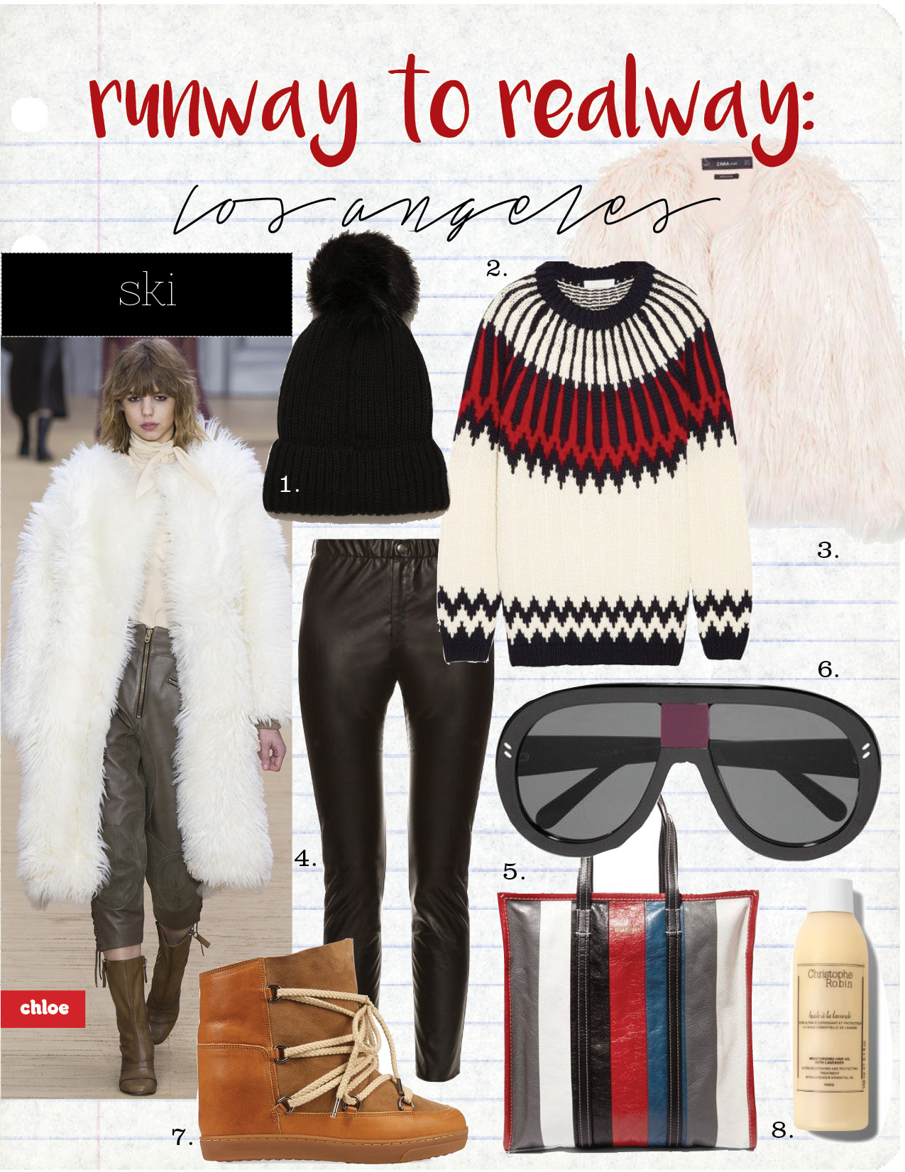 1. zara rib knit hat with pom-pom, $15, zara.com 2. chloe snow capsule intarsia wool sweater, $831, net-a-porter.com 3. zara short faux fur coat, $129, zara.com 4. isabel marant etoile jeffery faux-leather leggings, $189, matchesfashion.com 5. balenciaga bazar medium striped-leather tote, $1645, matchesfashion.com 6. stella maccartney d-frame mirrored sunglasses, $540, net-a-porter.com 7. isabel marant etoile nowles wedge shearling boots, $810, matchesfashion.com 8. christophe robin lavender oil, $47, violetgrey.com