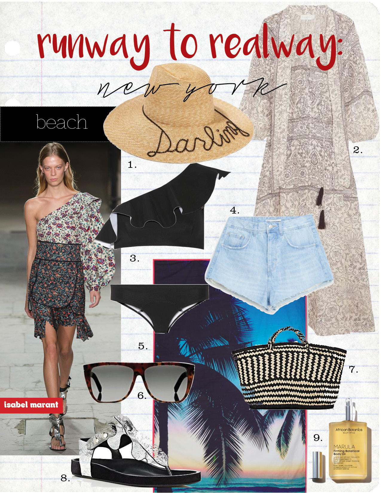 1. eugenia kim emmanuelle crystal-emmished straw hat, $465, net-a-porter.com 2. zimmerman caravan pussy-bow printed linen dress, $580, net-a-porter.com 3. lisa marie fernandez arden one-shoulder bonded bikini, $395, net-a-porter.com 4. zara high rise denim shorts, $29, zara.com 5. samudra makaha printed cotton-poplin beach blanket, $63, net-a-porter.com 6. saint laurent sl 1 sunglasses tortoiseshell, $360, barneys.com 7. soeur vienne basket bag, $95, barneys.com 8. isabel marant "leakey" metallic leather t-strap sandals, $505, barneys.com 9. marula firming botanical body oil, $90, violetgrey.com