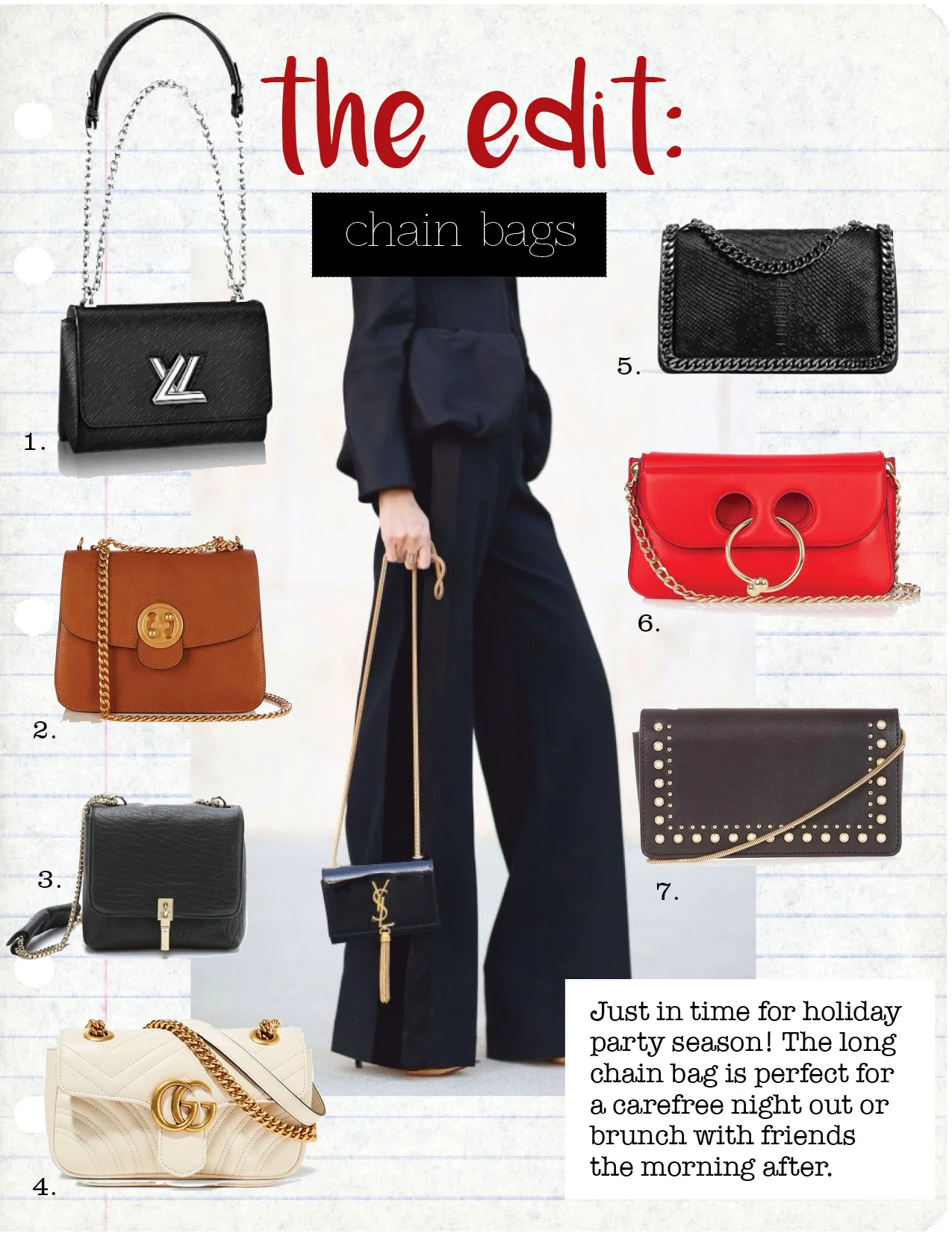 1. Louis vuitton twist gm shoulder bag, $3950, louisvuitton.com 2. chloe mily medium leather should bag, $1950, matchesfashion.com 3. elizabeth and James cynnie mini double chain cross bady bag, $345, shopbop.com 4. gucci gg marmont mini quilted leather should bag, $1590, net-a-porter.com 5. zara crossbody bag with embossed chain, $139, zara.com 6. j.w. anderson pierce leather cross-body bag, $999, matchesfashion.com 7. topshop orla studded crossbody bag, $48, topshop.com