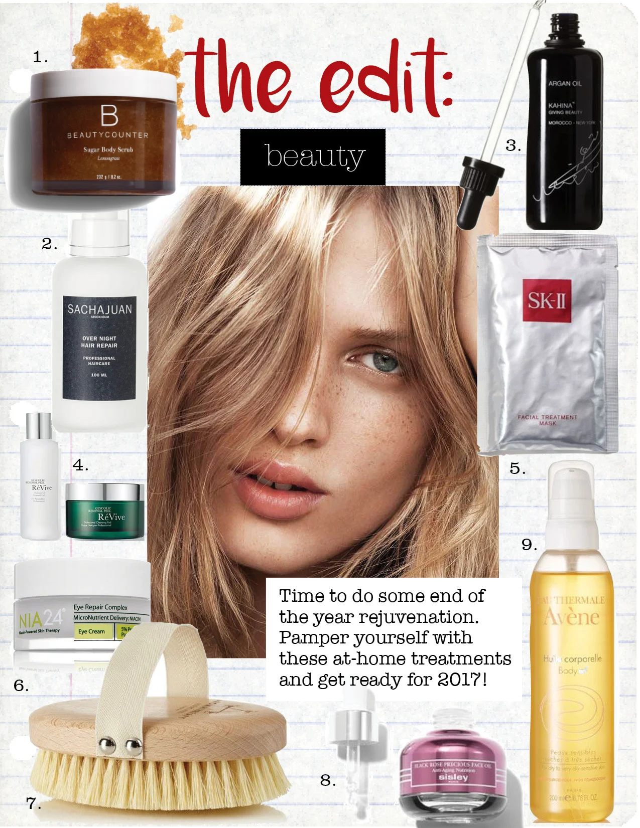 1. beautycounter sugar body scrub in lemongrass, $40, beautycounter.com 2. sachajuan overnight hair repair, $66, net-a-porter.com 3. kahina giving beauty argan oil, $82, net-a-porter.com 4. revive glycolic renewal peel system, $295, neimanmarcus.com 5. sk-11 facial treatment mask, $135, violetgrey.com 6. nia 24 eye repair complex, $71, dermstore.com 7. aromatherapy associates polishing body brush, $32, net-a-porter.com 8. sisley-paris black rose oil, $235, violetgrey.com 9. avene body oil, $26, net-a-porter.com