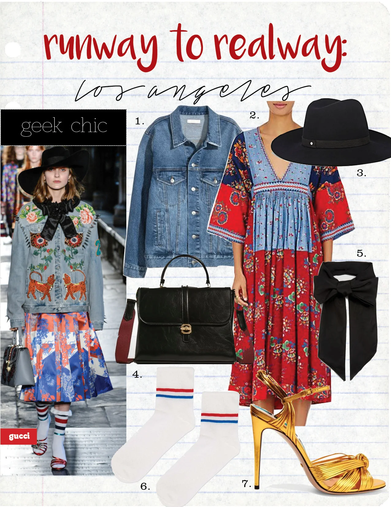 1. h&m denim jacket, $49, hm.com 2. ulla johnson milena cotton-linen maxi dress, $405, barneys.com 3. janessa leone ila wide-brim fedora, $185, barneys.com 4. zara city bag with canvas strap, $69, zara.com 5. asos neck tie scarf, $6, asos.com 6. topshop glitter sporty ankle socks, $6, topshop.com 7. gucci metallic leather sandals, $795, net-a-porter.com