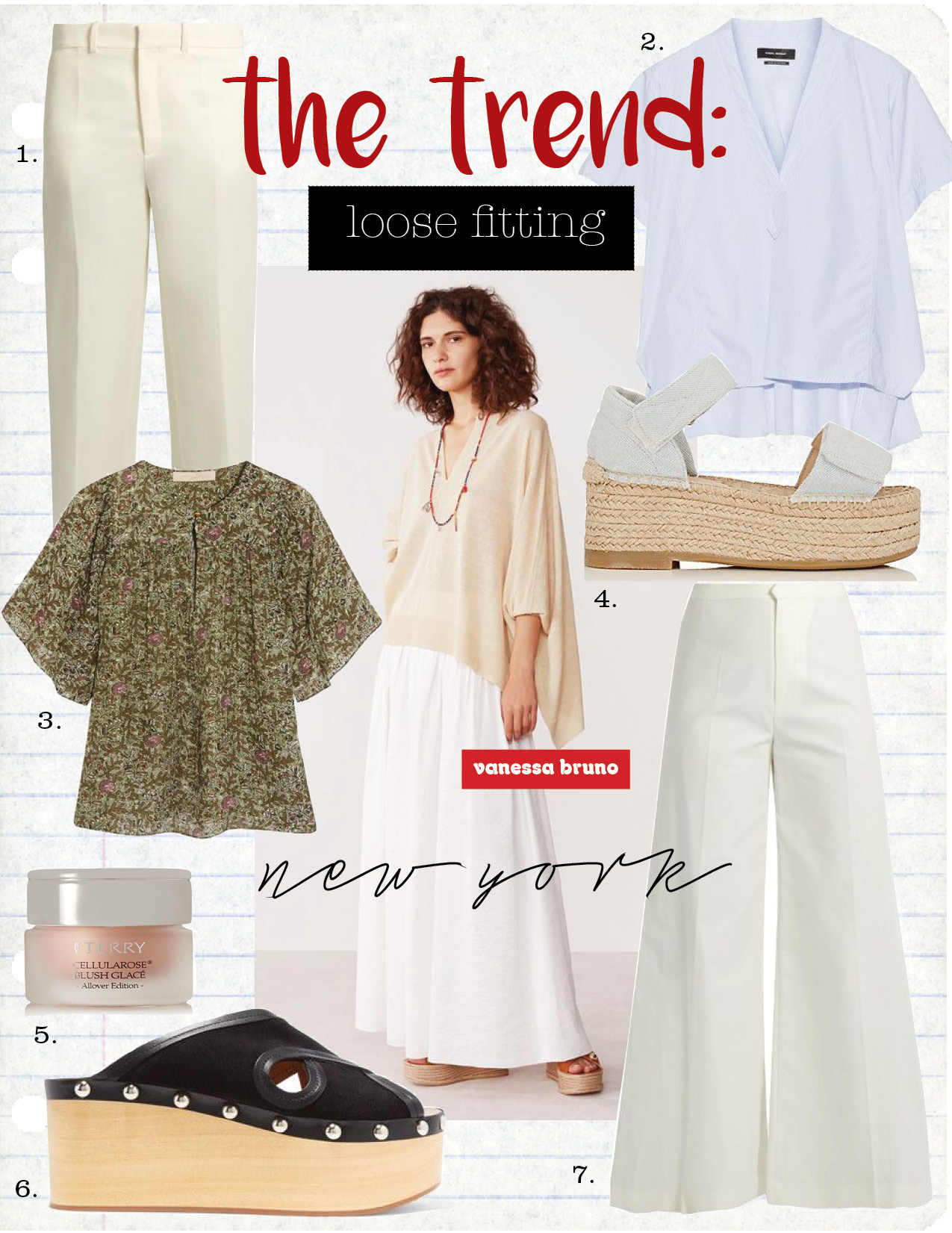 1. chloe wide-leg linen and silk-blend twill trousers, $1012, matchesfashion.com 2. isabel marant lashay striped cotton-poplin top, $270, net-a-porter.com 3. vanessa bruno glory printed silk-voile top, $435, net-a-porter.com 4. mm6 maison margiela denim espadrillesandals, $370, barneys.com 5. by terry cellularose blush glace-ice dream 4, $66, net-a-porter.com 6. isabel marant zipla leather-trimmed cutout suede wedge sandals, $565, net-a-porter.com 7. isabel marant spanel wide-leg cotton-blend trousers, $381, matchesfashion.com