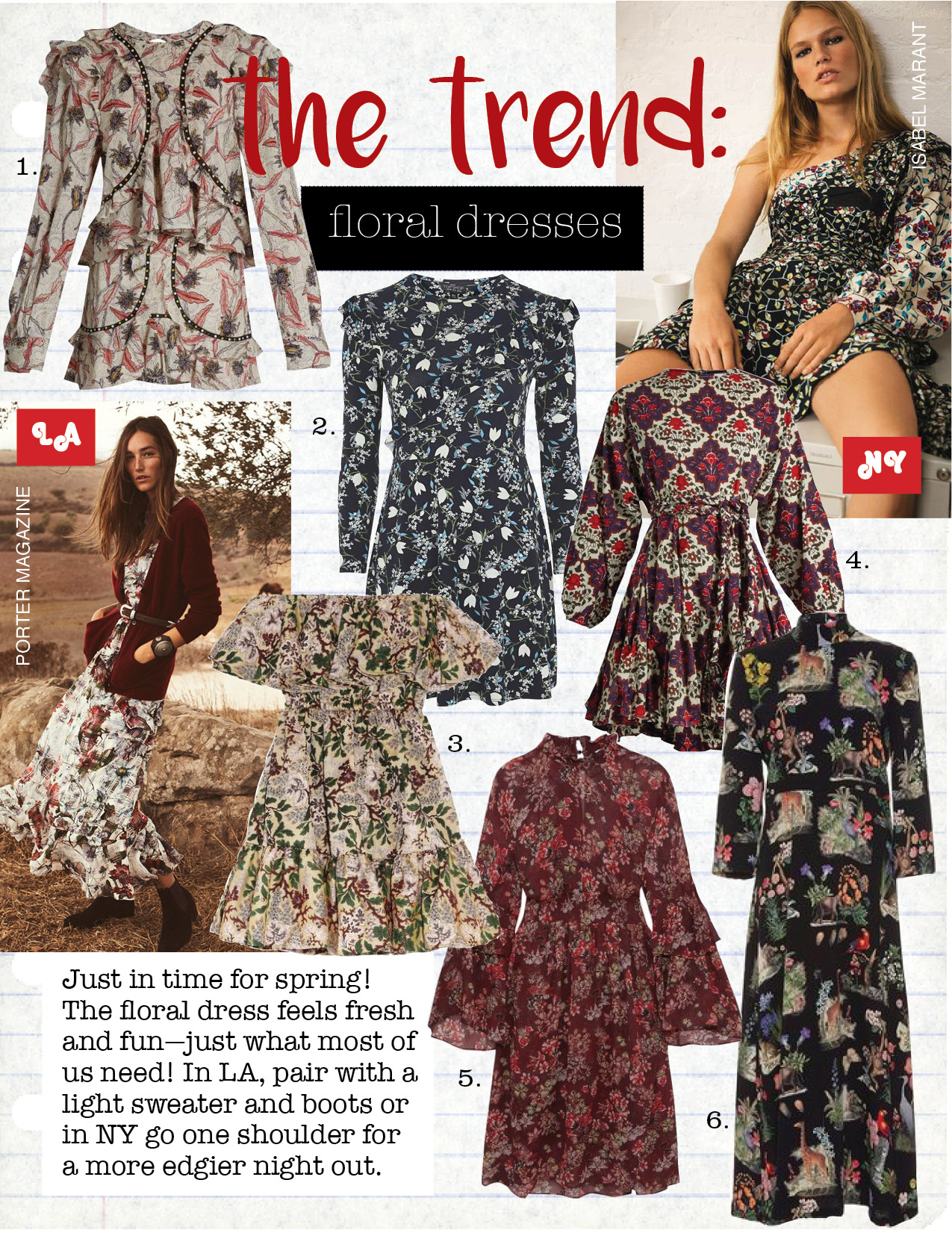 1. isabel marant unice floral-print blouse, $518, matchesfashion.com 2. topshop eastern blossom dress, $68, topshop.com 3. philosophy di lorenzo serafini floral-jacquard midi dress, $850, net-a-porter.com 4. rhode resort ella fluted-hem cotton dress, $351, matchesfashion.com 5. iro smocked floral-print geogette dress, $660, net-a-porter.com 6. vivetta pangolino midi dress, $530, modaoperandi.com