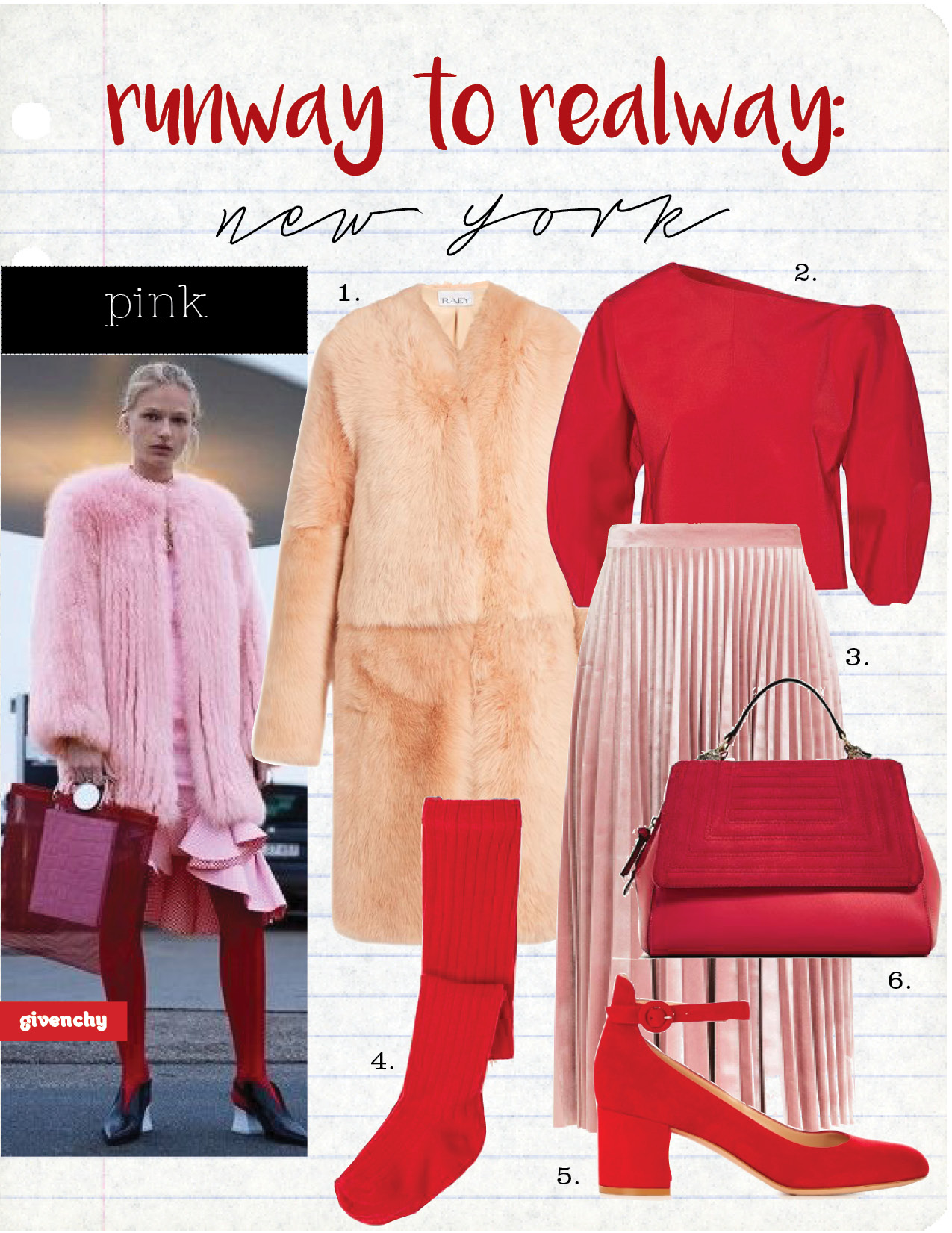 1. Raey long shearling coat, $1728, matchesfashion.com 2. tibi one-shoulder stretch-faille top, $375, net-a-porter.com 3. topshop pink pleated skirt, $65, topshop.com 4. TOPSHOP RED TIGHTS, $6, TOPSHOP.COM 5. gianvito rossi greta block-heel suede pumps, $587, MATCHESFASHION.COM 6. ZARA CITY BAG WITH WOLF DETAIL, $69, ZARA.COM