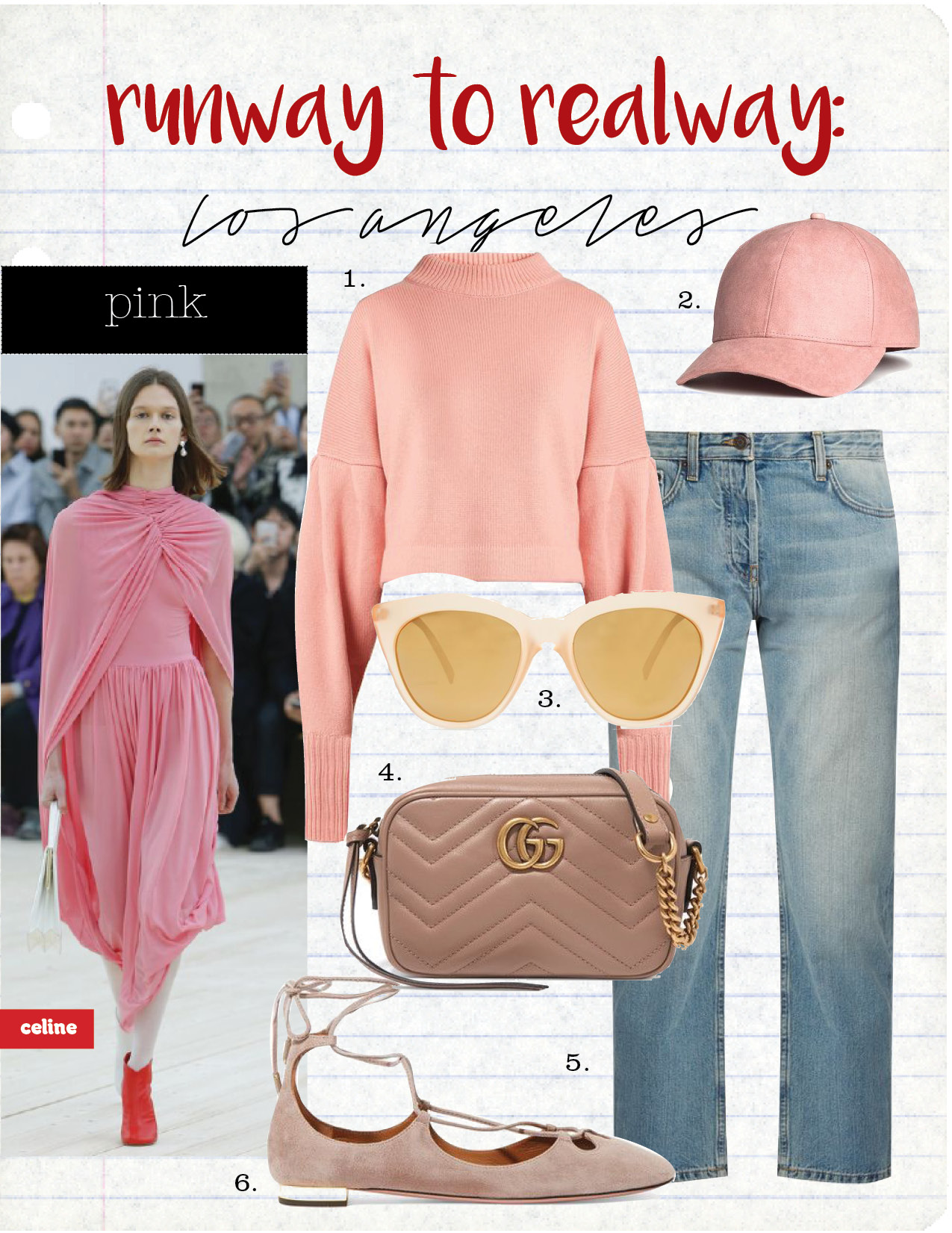 1. TIBI BISHOP-SLEEVED CROPPED CASHMERE SWEATER, $756, MATCHESFASHION.COM 2. H&M LIGHT PINK CAP, $12, HM.COM 3. LE SPECS HALFMOON CAT-EYE SUNGLASSES, $56, MATCHESFASHION.COM 4. GUCCI GG MARMONT CAMERA MINI QUILTED LEATHER SHOULDER BAG, $980, NET-A-PORTER.COM 5. THE ROW ASHLAND LOW-RISE STRAIGHT-LEG JEANS, $604, MATCHESFASHION.COM 6. AQUAZZURA DANCER LACE-UP SUEDE BALLET FLATS, $725, NET-A-PORTER.COM