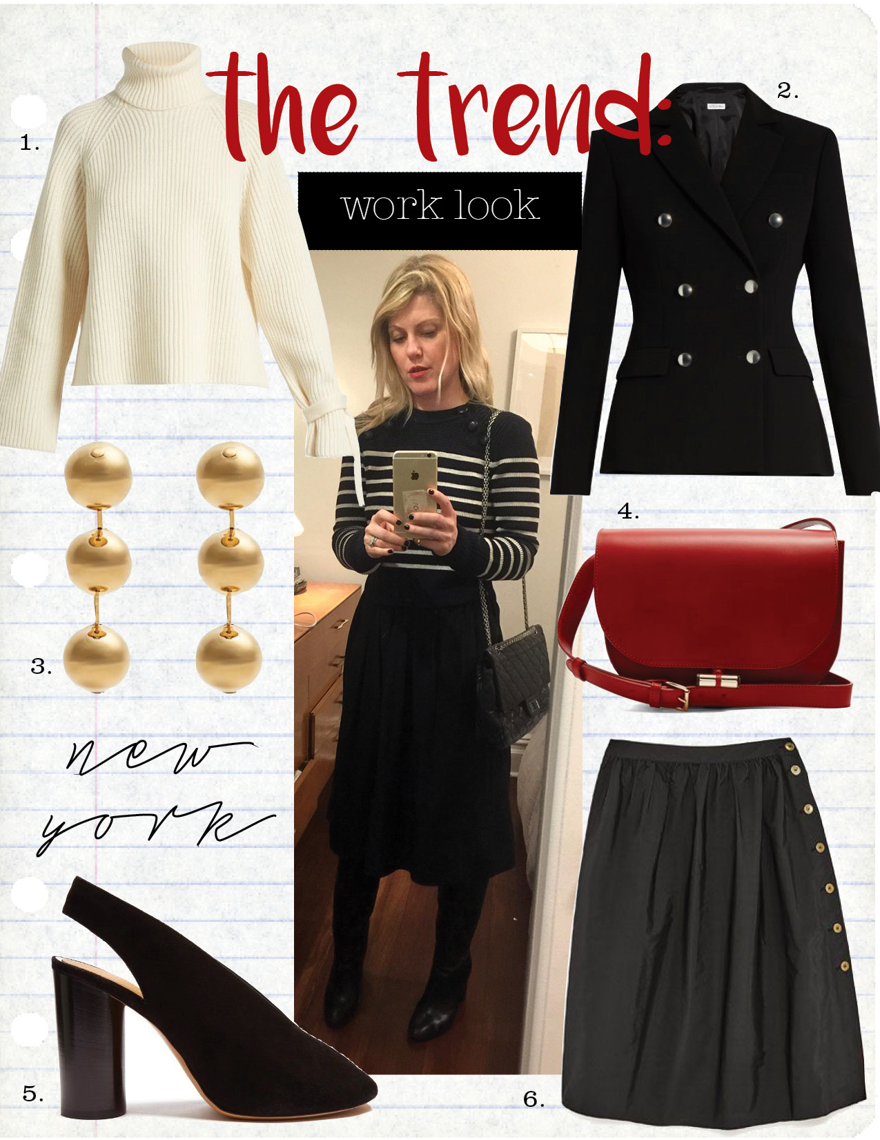 1. joseph tie-cuff ribbed-knit wool sweater, $493, matchesfashion.com 2. altuzarra indiana double-breasted cady blazer, $1336, matchesfashion.com 3. balenciaga ball-bead drop clip-on earrings, $281, matchesfashion.com 4. a.p.c. june leather cross-body bag, $475, matchesfashion.com 5. isabel marant suede slingback sandals, $612, matchesfashion.com 6. zara skirt with side buttons, $39, zara.com