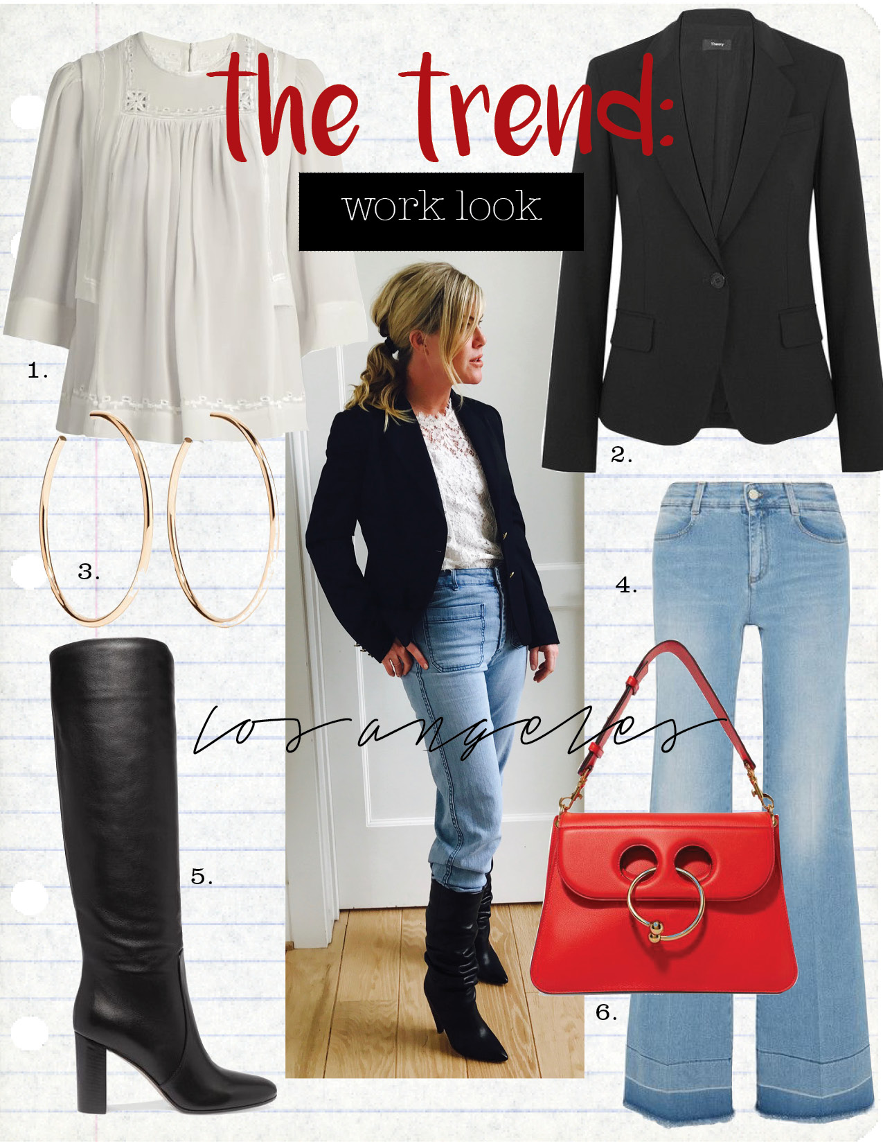 1. isabel marant mara embroidered silk blouse, $568, matchesfashion.com 2. theory gabe stretch-wool crepe blazer, $425, net-a-porter.com 3. jennifer fisher classic round gold-plated hoop earrings, $295, net-a-porter.com 4. stella mccartney frayed wide-leg jeans, $495, net-a-porter.com 5. gianvito rossi leather knee boots, $1625, net-a-porter.com 6. j.w.anderson pierce medium leather shoulder bag, $1690, net-a-porter.com