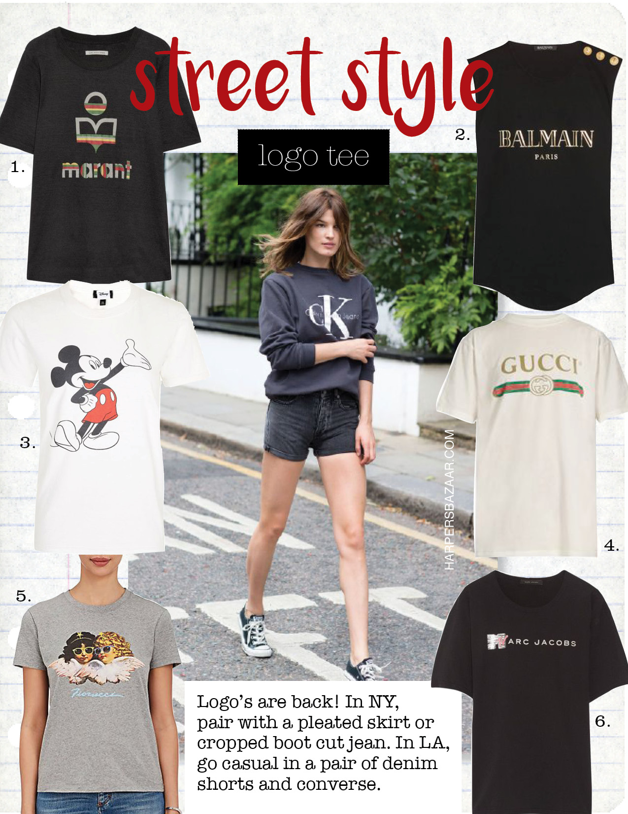 1. etoile isabel marant kendriwa slub linen-jersey t-shirt, $195, net-a-porter.com 2. balmain button-embellished printed cotton-jersey top, $210, net-a-porter.com 3. topshop mickey t-shirt, $40, topshop.com 4. gucci logo-print cotton t-shirt, $400, matchesfashion.com 5. fiorucci angel-graphic cotton t-shirt, $80, barneys.com 6. marc jacobs oversized embellished cotton-jersey t-shirt, $150, net-a-porter.com