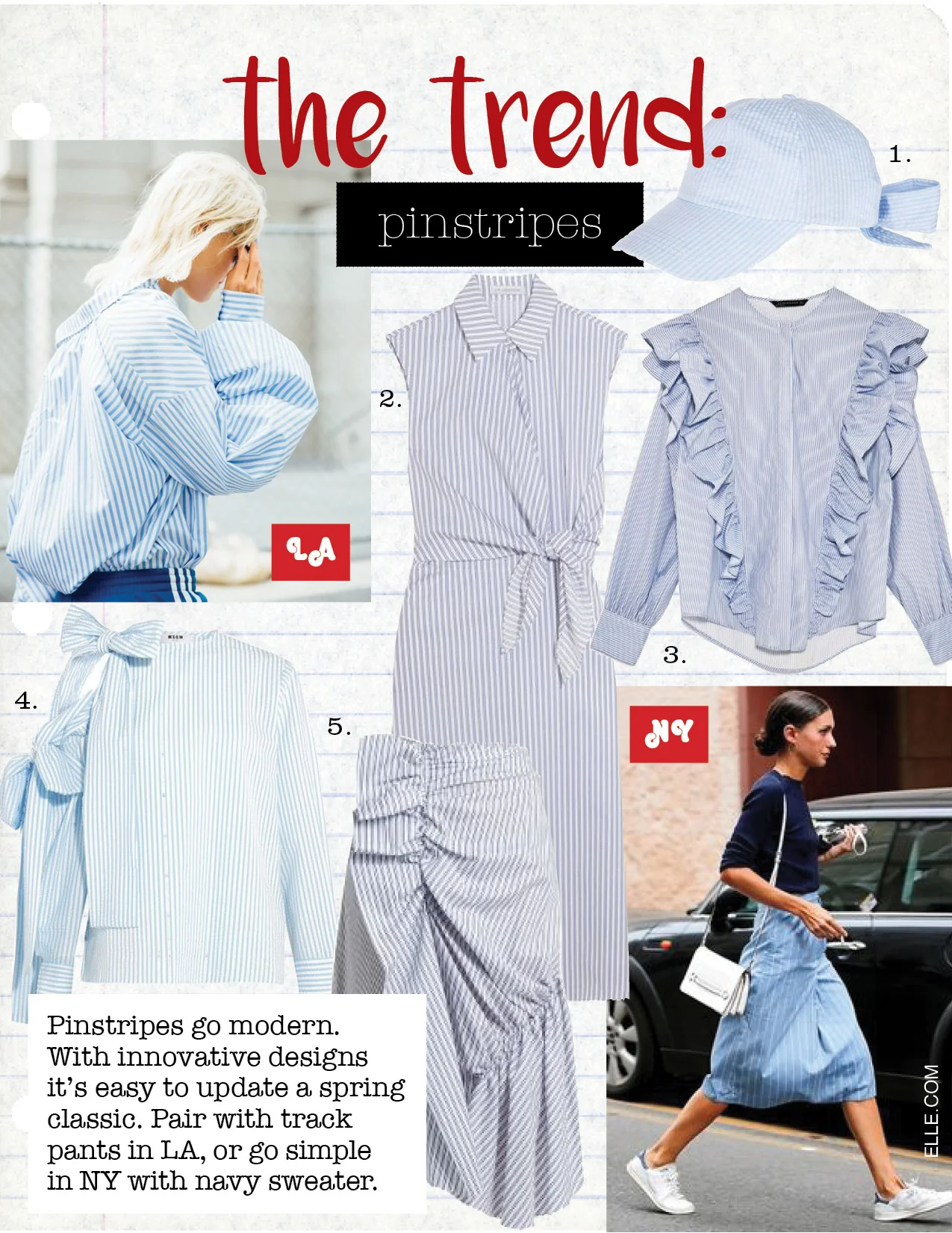 1. topshop stripe bow back cap, $22, topshop.com 2. j.w.anderson knotted striped cotton shirt dress, $690, net-a-porter.com 3. zara striped poplin blouse with frill, $49, zara.com 4. msgm bow-embellished cold-shoulder striped seersucker top, $425, net-a-porter.com 5. j.w.anderson patchwork ruched striped cotton skirt, $437, matchesfashion.com