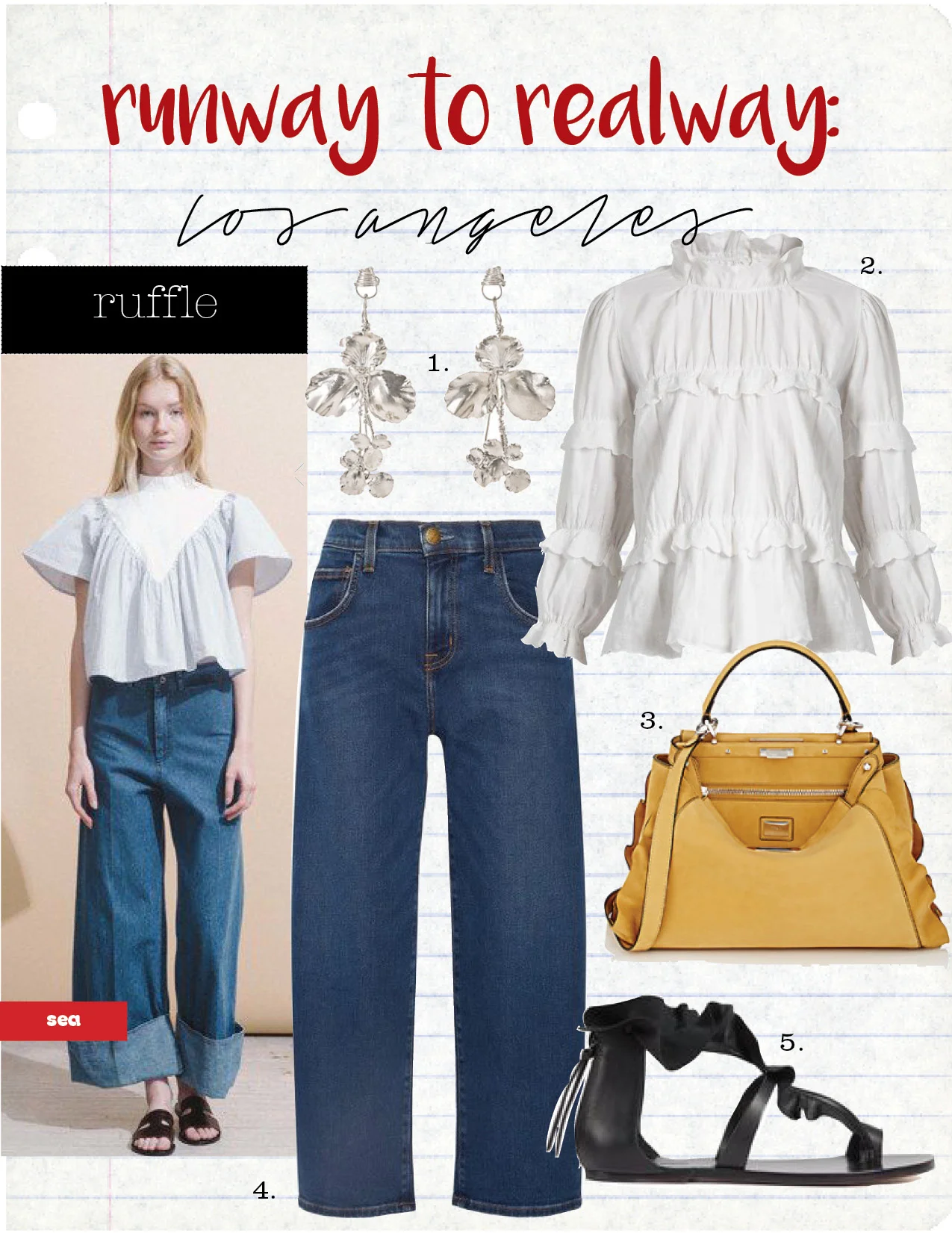 1. balenciaga oversized drop earrings, $465, barneys.com 2. isabel marant etoile daniela embroidered linen peasant top, $470, barneys.com 3. fendi peekaboo satchel, $5000, barneys.com 4. current/elliott the barrel crop high-rise wide-leg jeans, $250, net-a-porter.com 5. isabel marant audry ruffle-trimmed flat leather sandals, $593, matchesfashion.com